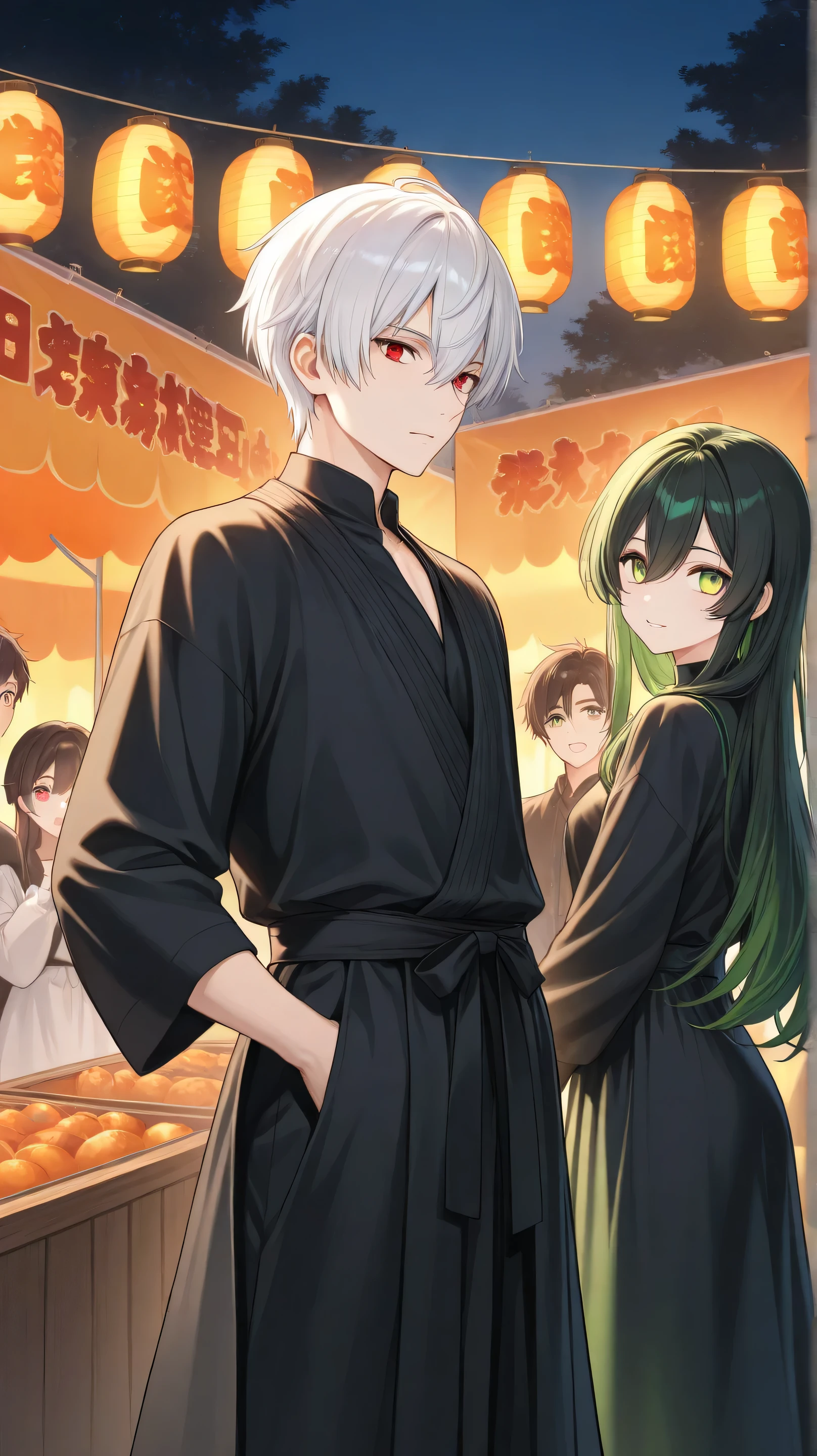 men,white short hair,red eyes,black clothes walk together with girl darkgreen long hair green eyes black clothes in festival