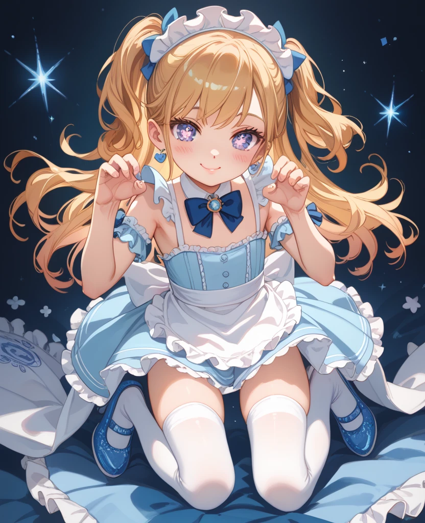 She has big blue eyes, pink lips, fair skin, and blonde, thick, medium-length hair held back by a black ribbon tied in a bow.
Alice's signature outfit is a cerulean and light blue short-sleeved knee-length skirted dress with a matching collar, and a white pinafore apron on top, with a bow tied in the back of her apron. Underneath her dress, she wears a white petticoat, a pair of white tights, and a frilly white knee-length and matching pantalettes. She also sports black Mary Jane shoes with brown/gray soles. Her dress is wide enough to make a parachute, so she can float down to Wonderland. . SPARKLE; GLITTER