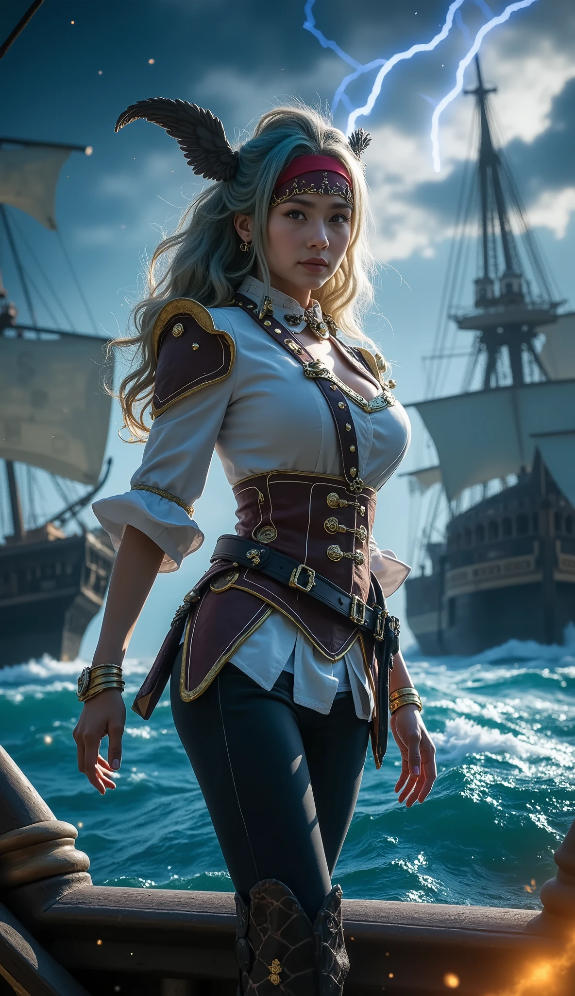 (Highest quality, High resolution, Masterpiece:1.4), 8k, adventure voyage, pirates of the Caribbean, female captain, fleet of pirates sailing through a storm