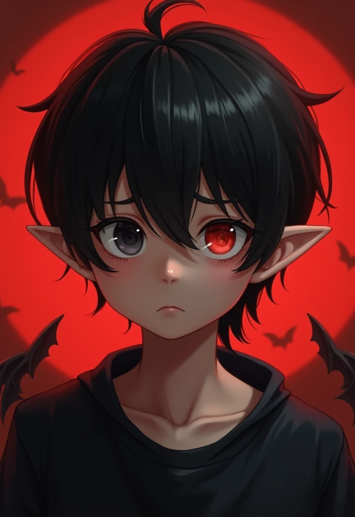 boy, little boy , 12 yearold , cute black hair , red eyes , crying ,