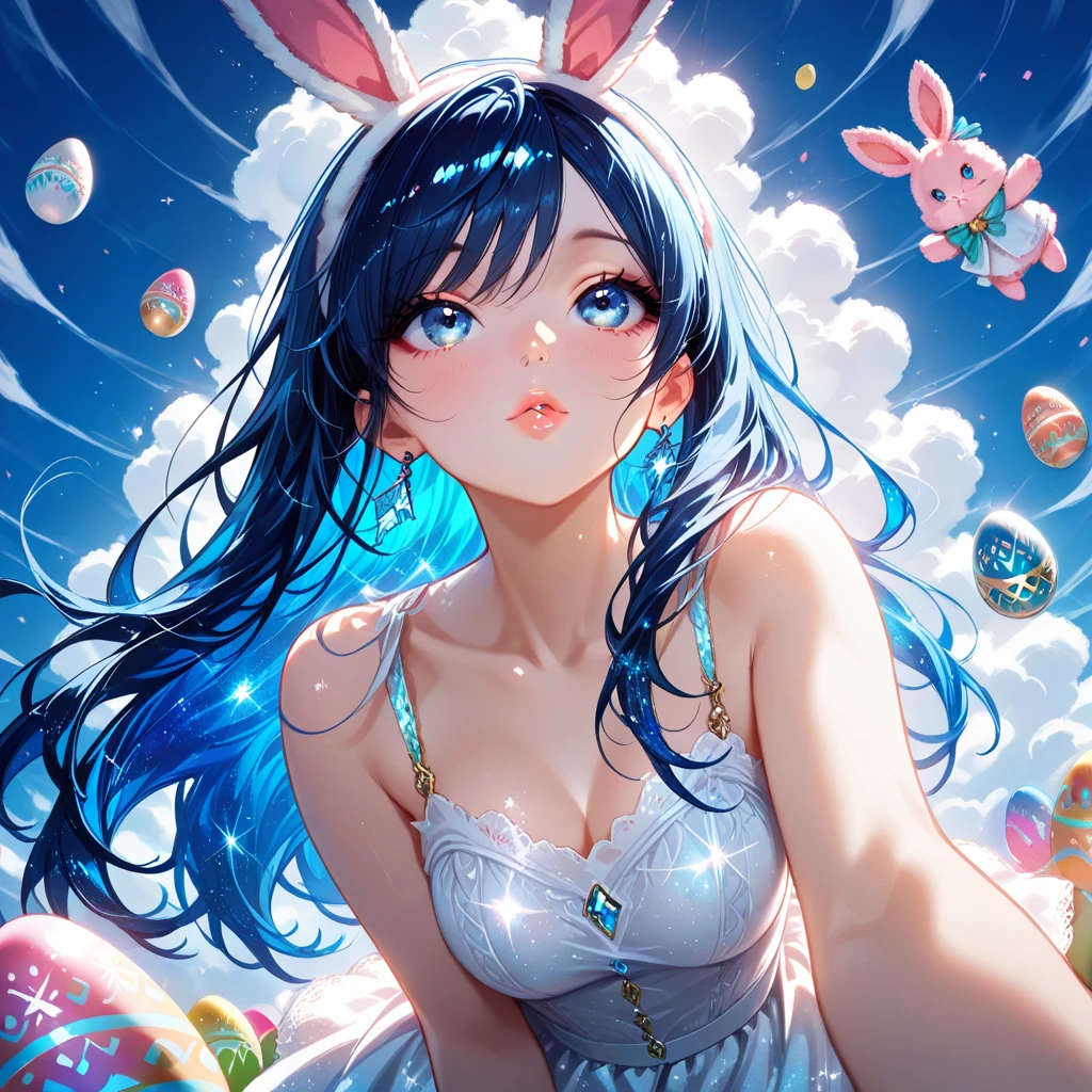 Pan across a wide, Easter-themed landscape where 3D basic symbols and shapes blossom like flowers. Create a visually stunning scene celebrating both nature and simplicity. enormous tits, (full body:1.5