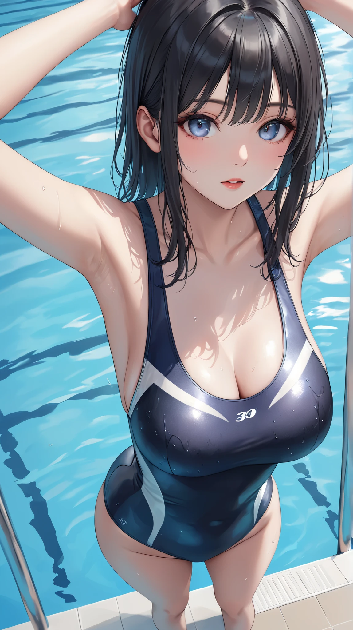 (masterpiece,best quality,ultra detailed,high resolution),(realistic:0.3),30-years-old,standing,looking viewer,lady,black hair,cool eyes,competition swimsuit,high angle,arms up,wide hip,school pool,beautiful hip,