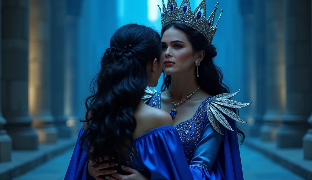 mother and daughter, break: mature, evil, middle-age, long black hair , blue eyes, detailed face, beautiful face, cleavage, curvy body, tall, chubby, dress with cape, dresing with christian cross, break: daughter, girl, very small breats, slim, teenager(1.3),13 years old, teenager, big butt, black hair,blue eyes, detailed face, angelical face,cleavage, very small breasts, dress with cape, dresing with christian cross, soft lesbian, soft kiss
