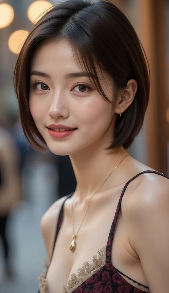 （A high resolution，high lighting，4K），Long face，1girll，the face，详细的the face，trpical garden，short detailed hair，She has a butterfly on her head，close-up face，The sun at noon，huge tit)，looking at viewert，Close range - intensity，a blue dress，Keep one's mouth shut，