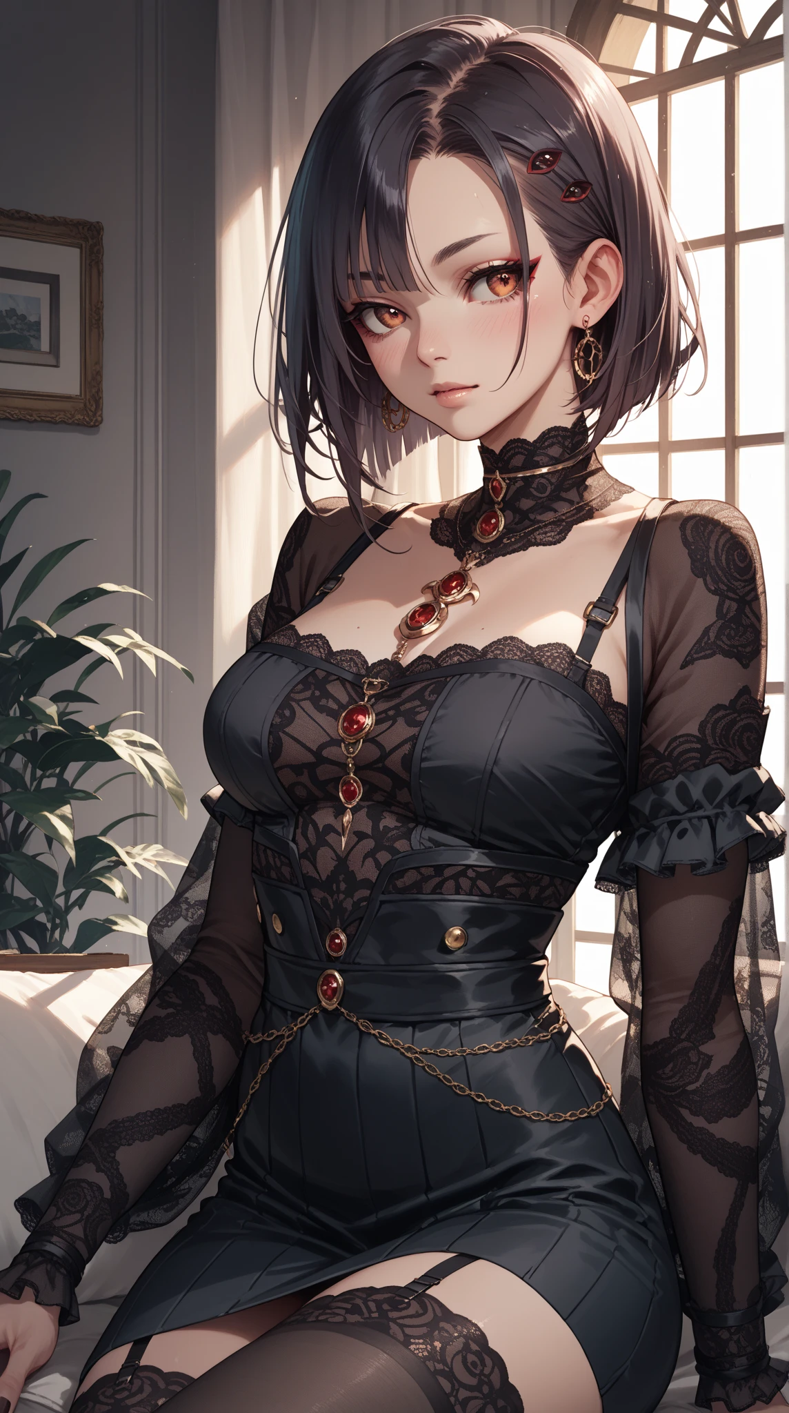 absurdres, RAW photo, extremely delicate and beautiful, masterpiece, Best Quality, ultra high resolution, 32k, hyperrealistic, ultra-detailed, detailed description, pale skin, 20 years old, tearful mole, earring, Colossal tits, short medium hair, wavy hair, Practical pirate clothing, Long-sleeved pirate top, Skirt,
