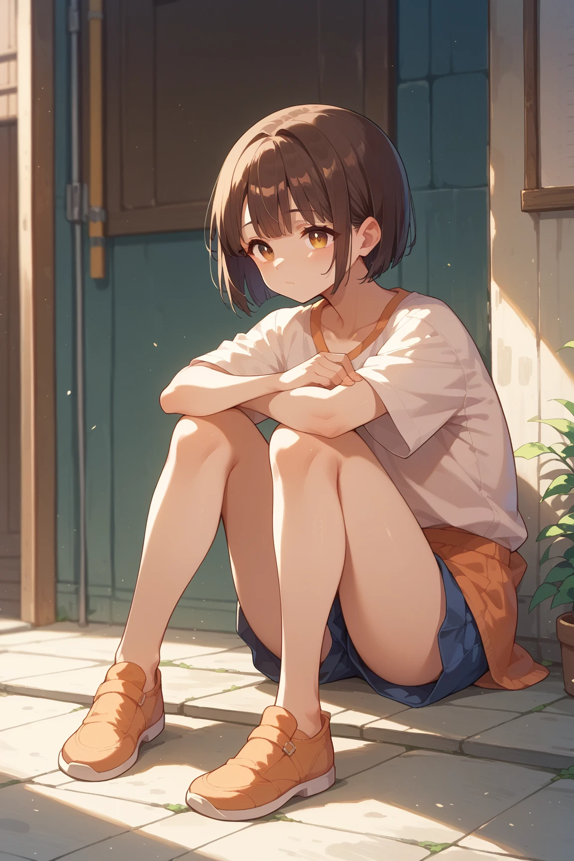 beautiful girl, slender, boyish, very short hair, brown hair, (wear a white long-sleeved T-shirt), (white bikini panties) , Perfect hands, Perfect body, sit against the wall, one Knee , (bare foot), ((looking away)), relaxing, ((Exquisite detail)), Very finely crafted fingers(((10 fingers))), (Full-body showcase), (Show your whole body), (No logos on background), (No logo), (taken from below),
