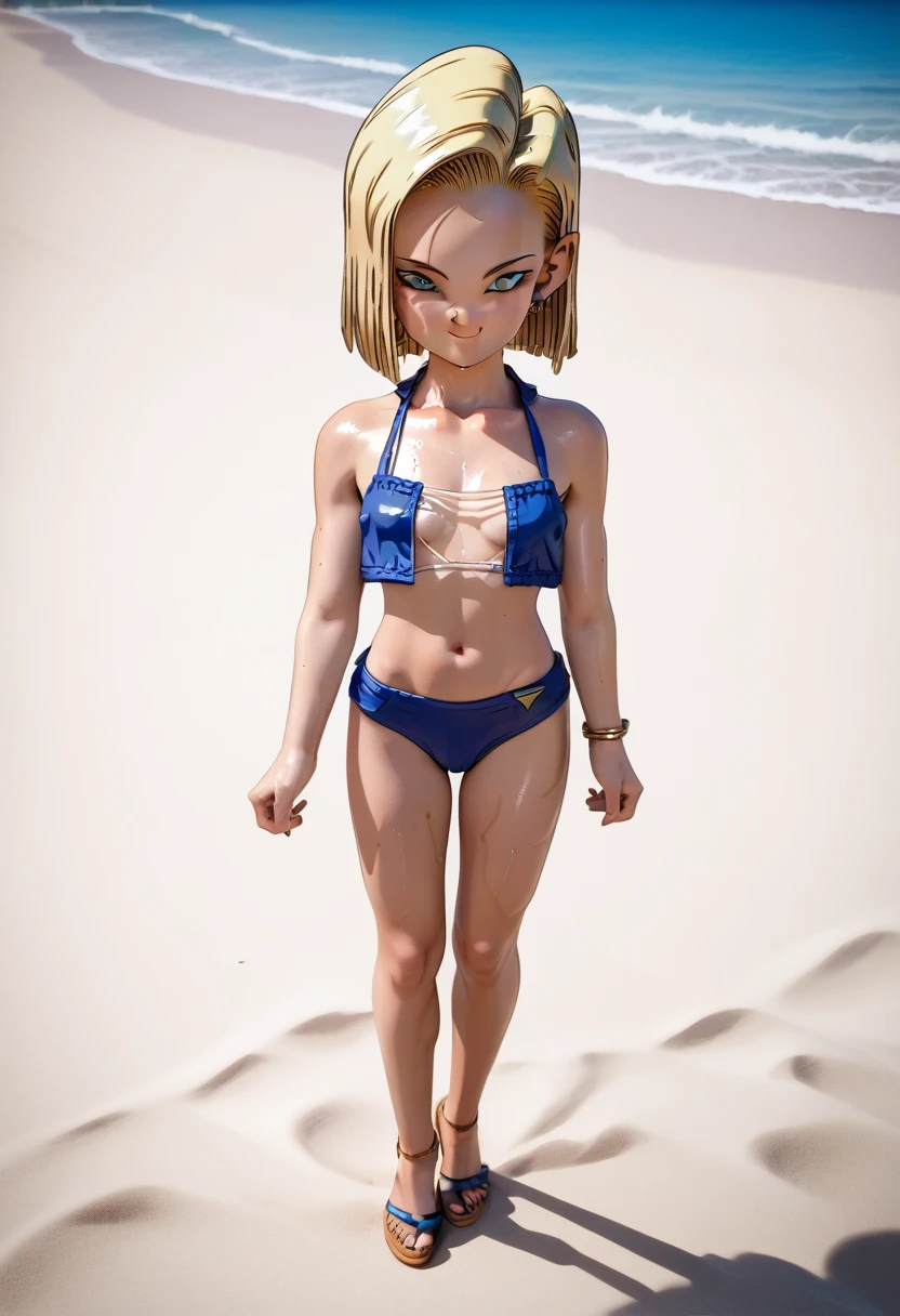 (masterpiece, high quality), 1boy, Caucasian, transgender, slender, short spiky blonde hair, blue eyes, 15-years-old, (tropical beach background), (black panties), white crop top, small breast, hyper detailed, Intricate design, Luminous, 4K, 8K, Cinematic lighting, Contour lighting, bright, soft light, penis bulge