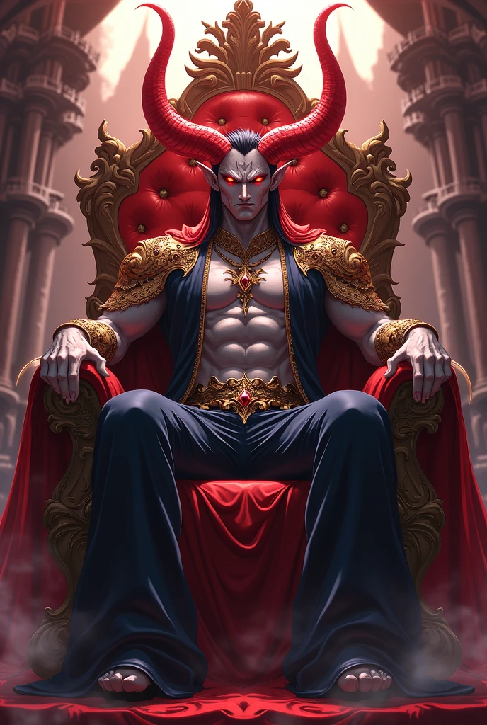 Image anime throne room with a cold muscular handsome red horned demon king with red eyes anime golden throne room