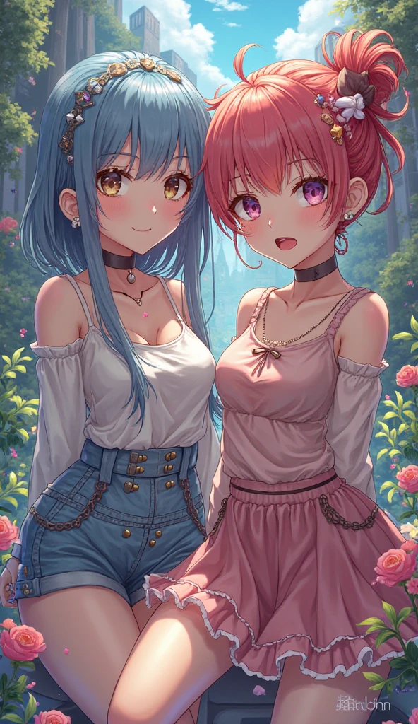 (masterpiece, best quality:1.24), best resolution, (2heads:1.5), (girl with two heads), 1girl, ((blue hair)), (red hair), cheerful carefree, smiling, ((purple t-shirt)), ((pink shorts pants)), teenage girl, blue pants, green eyes, long ponytail