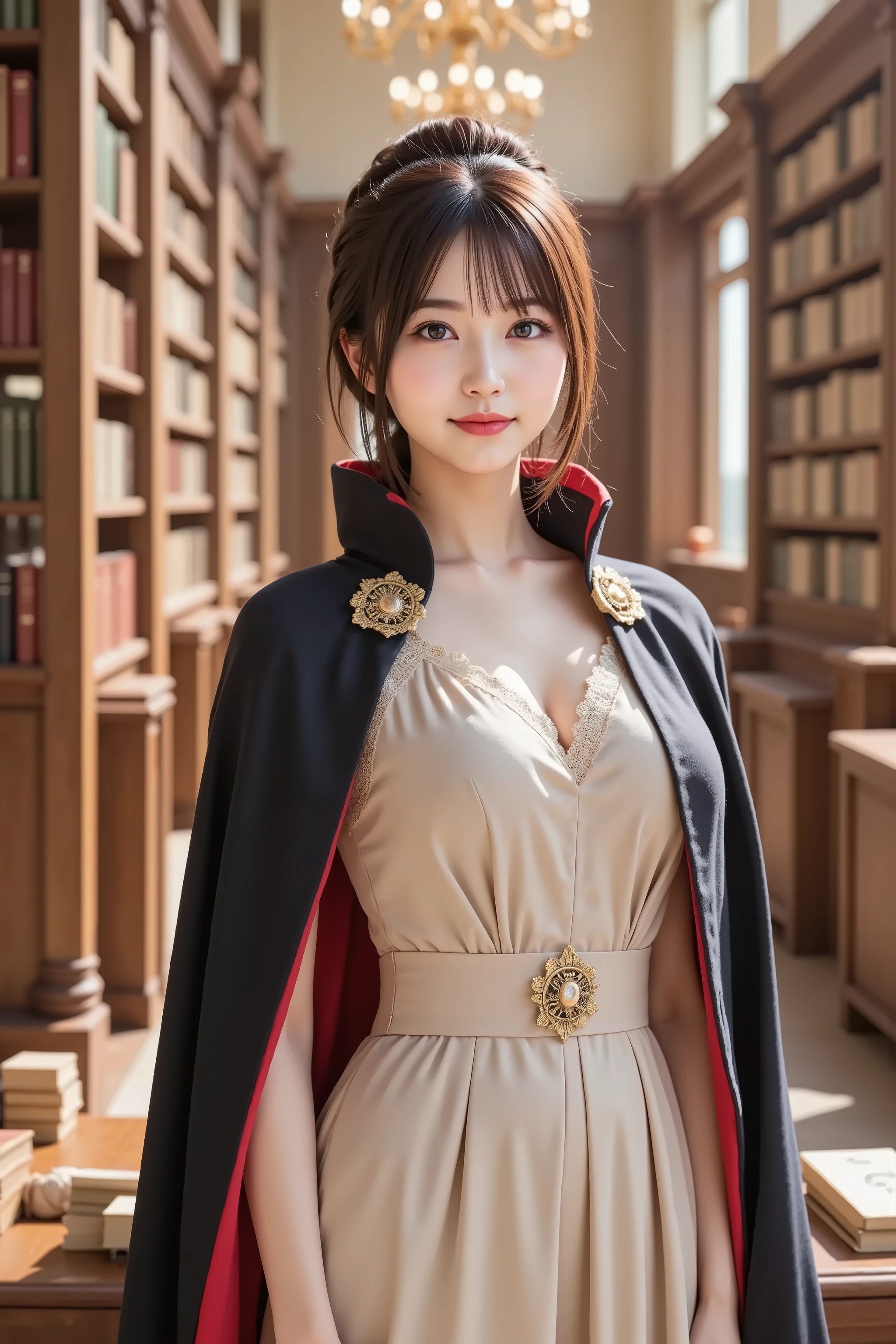 sakura, huge breast, by adjusting the framing so the subject's full head is visible within the composition, with the crop showing only from just above the bust to slightly above the top of the head. Ensure there is a comfortable amount of background space above the head to establish spatial context. a highly detailed and realistic digital illustration showing the upper body outfit and background of a female character in an ornate indoor setting, by adjusting the framing so the subject's full head is visible within the composition, with the crop showing only from just above the bust to slightly above the top of the head. Ensure there is a comfortable amount of background space above the head to establish spatial context. She wears a vintage-style beige dress with a soft sheen and structured design.
The neckline is trimmed with fine lace in a scalloped pattern, lined with gold embroidery. A floral-shaped brooch with an amber gemstone sits at the center. The bodice has vertical pleats that contour to the torso, adding depth and elegance. A wide sash of the same fabric is tied at the waist, subtly cinched to enhance the silhouette.
Over her shoulders is a black cape with a rich red lining, fastened at the collar with gold filigree hardware shaped like a crest. The high collar is reinforced with lace and stands upright. The cape’s outer fabric is matte, catching faint light, while the red satin interior subtly reflects the warm glow.
The background is a grand library with tall wooden bookshelves filled with books in varying sizes and colors. The shelves extend upward and fade softly into the background. Golden daylight streams through high windows, mixing with chandelier light and casting warm highlights on the character and wood surfaces. Several stacked books rest on nearby tables, hinting at scholarly activity. The atmosphere is quiet and majestic, fitting the refined aesthetic of the scene.