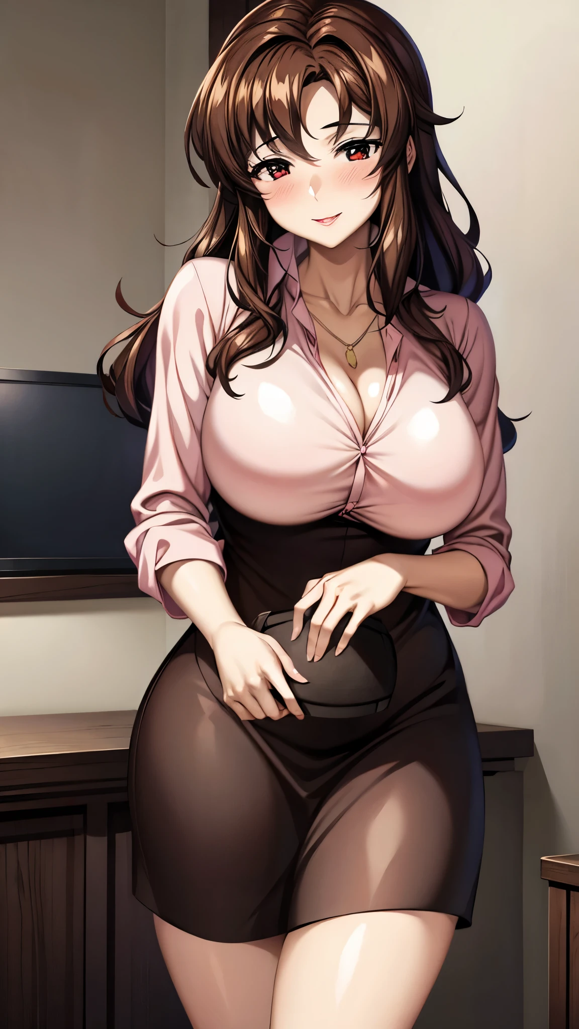 (SUPER QUALITY,ultra high definition,16k,super masterpiece, ,detailed shading and background,)sexy mature woman,long brown hair,Pink shirt with a large collar and straight sleeves,tight red skirt,cleavage,necklace,Big Breasts,Open the lid of the eye half,blush,with a maternal smile,Glossy, thick lips,living room,Hair lifts ,