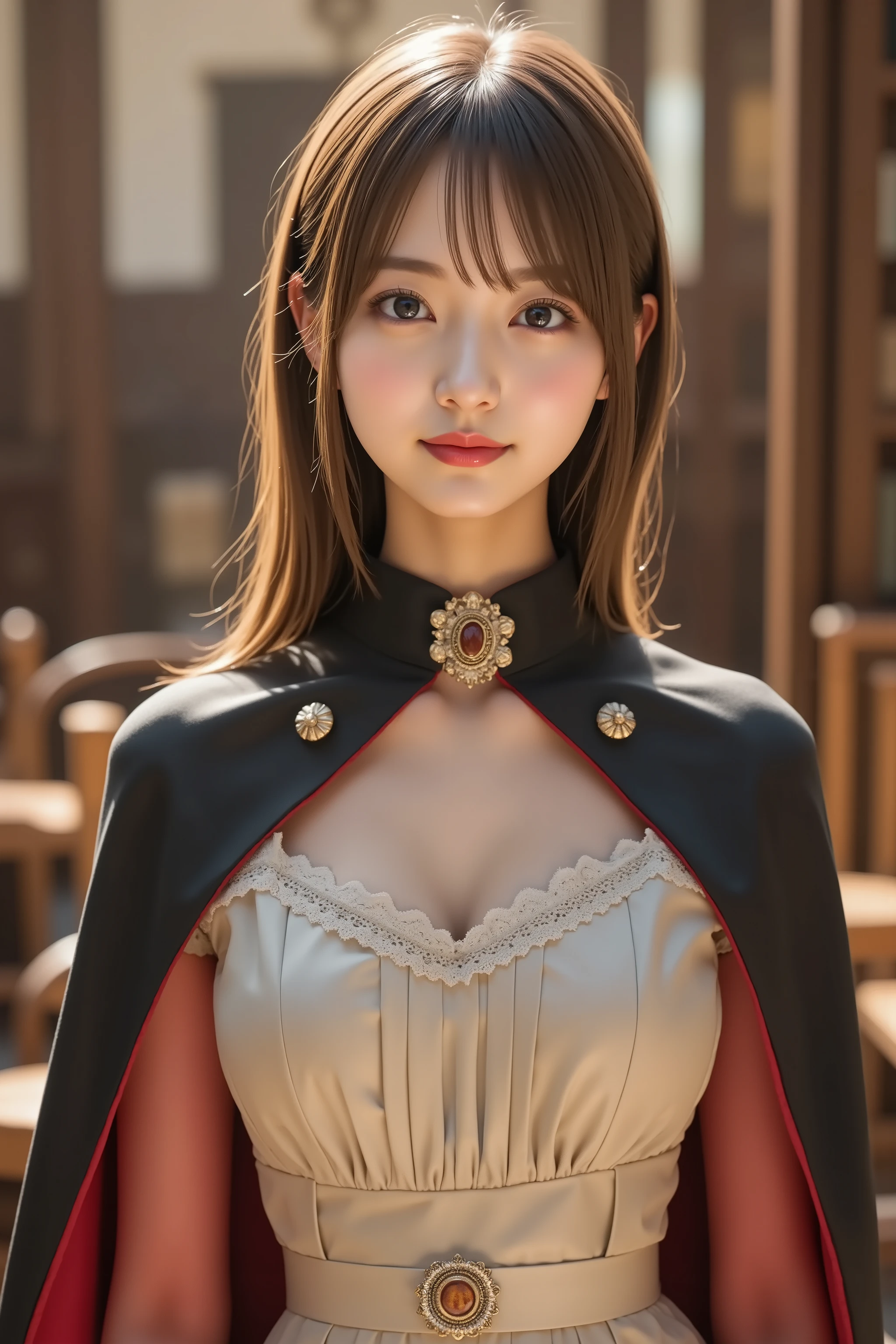 firm breast, by adjusting the framing so the subject's full head is visible within the composition, with the crop showing only from just above the bust to slightly above the top of the head. Ensure there is a comfortable amount of background space above the head to establish spatial context. a highly detailed and realistic digital illustration showing the upper body outfit and background of a female character in an ornate indoor setting, by adjusting the framing so the subject's full head is visible within the composition, with the crop showing only from just above the bust to slightly above the top of the head. Ensure there is a comfortable amount of background space above the head to establish spatial context. She wears a vintage-style beige dress with a soft sheen and structured design.
The neckline is trimmed with fine lace in a scalloped pattern, lined with gold embroidery. A floral-shaped brooch with an amber gemstone sits at the center. The bodice has vertical pleats that contour to the torso, adding depth and elegance. A wide sash of the same fabric is tied at the waist, subtly cinched to enhance the silhouette.
Over her shoulders is a black cape with a rich red lining, fastened at the collar with gold filigree hardware shaped like a crest. The high collar is reinforced with lace and stands upright. The cape’s outer fabric is matte, catching faint light, while the red satin interior subtly reflects the warm glow.
The background is a grand library with tall wooden bookshelves filled with books in varying sizes and colors. The shelves extend upward and fade softly into the background. Golden daylight streams through high windows, mixing with chandelier light and casting warm highlights on the character and wood surfaces. Several stacked books rest on nearby tables, hinting at scholarly activity. The atmosphere is quiet and majestic, fitting the refined aesthetic of the scene.