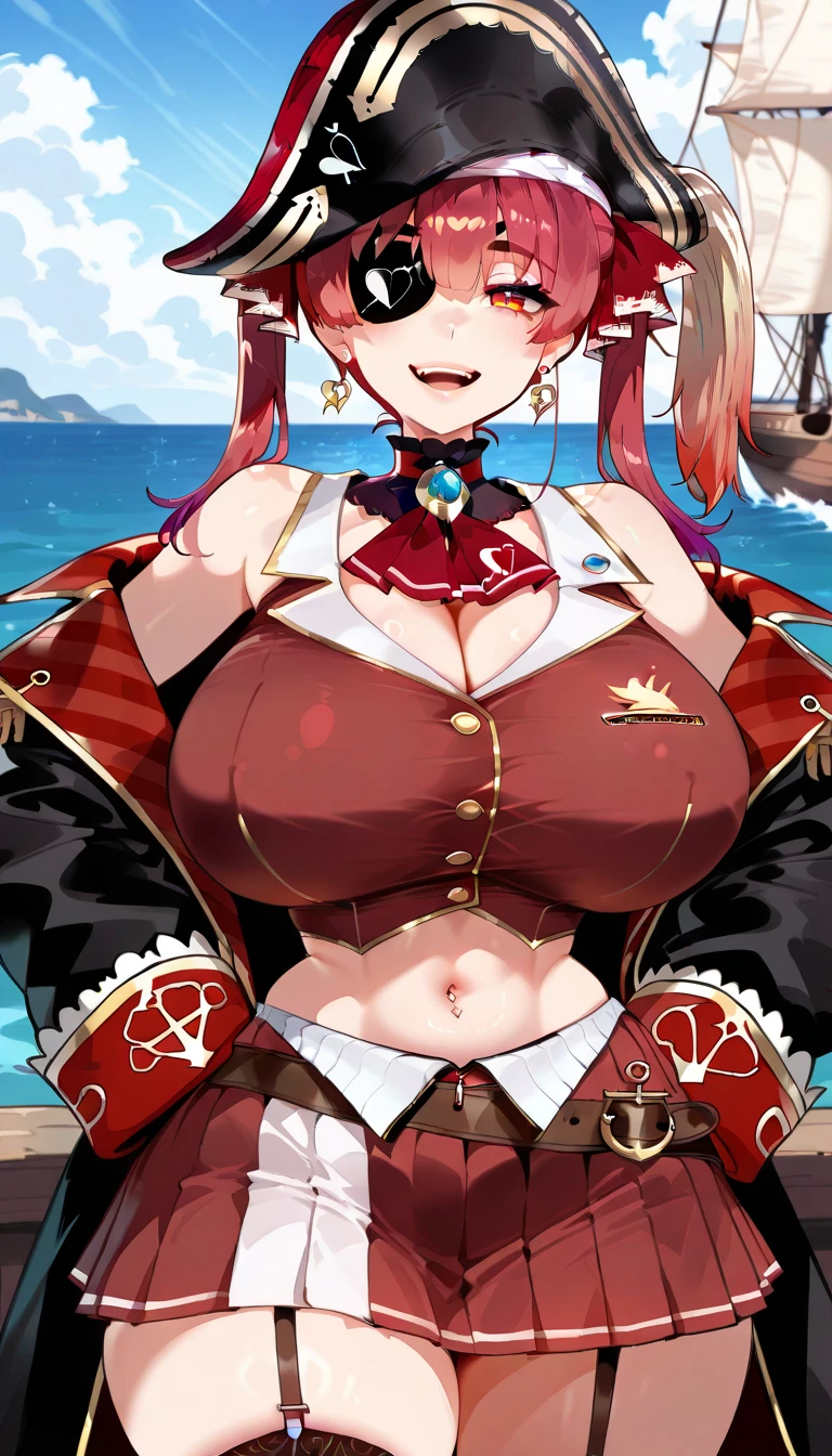1girl, masterpiece, best quality, high quality, Marine, pirate, pirate hat, large breasts, mature woman,