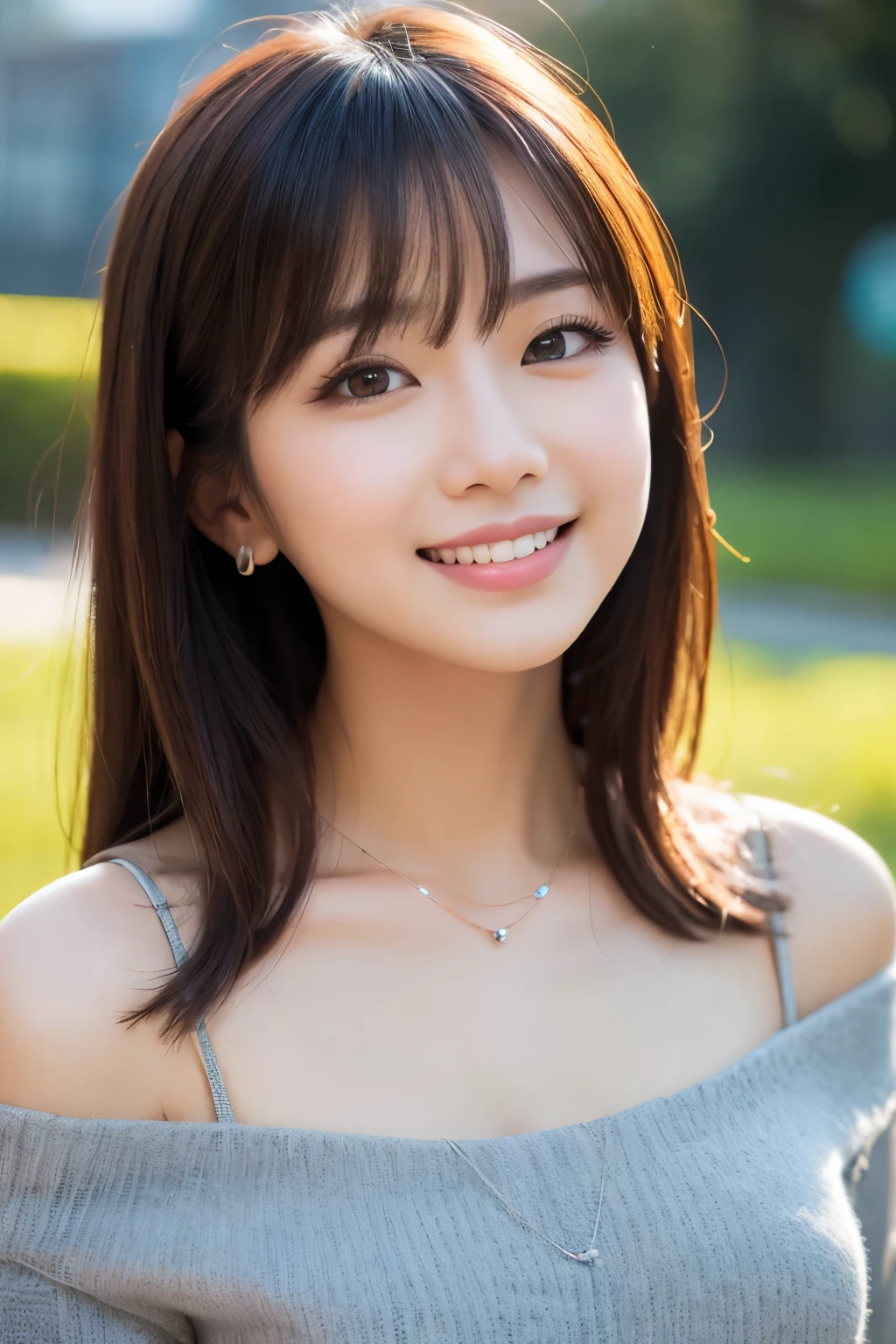 ((top quality、8K、Masterpiece:1.3、ultra high resolution))、(clear focus:1.4)、rest、a japanese lady、young、1 person、upper part of body、from directly above、light skin tone、((dark brown hair))、short hair、(Red and floral dress:1.2、cute dress、fine fabric)、Super thin face、delicate eyes、Narrow eyes、double eyelids、cheeks flushed、Delicate skin、sweat、shiny skin、Glowing skin、shadow skin、make up、rosy lips、a smile、big breasts、looking at camera、rest、(Detailed background、university campus:1.5)、daytime、natural lighting
