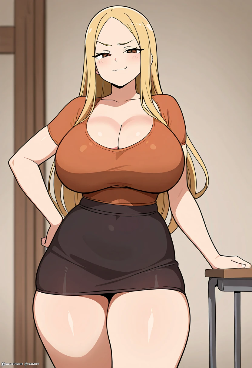 ((highres)), Masterpiece, high quality, best quality, beautiful, perfect lighting, detailed face, ultra cute face, full body, (cowboy shot), ((1girl)), ((solo)), skindentation, blonde hair, blue eyes, short skirt, tank top, thighs clothes, full body, standing in a fast food restaurant, table full of food, intricate background, large breasts, perky breasts, cleavage, ((wide hips)), ((thick thighs)), ((plump)), pudgy belly, fat folds, belly hang,