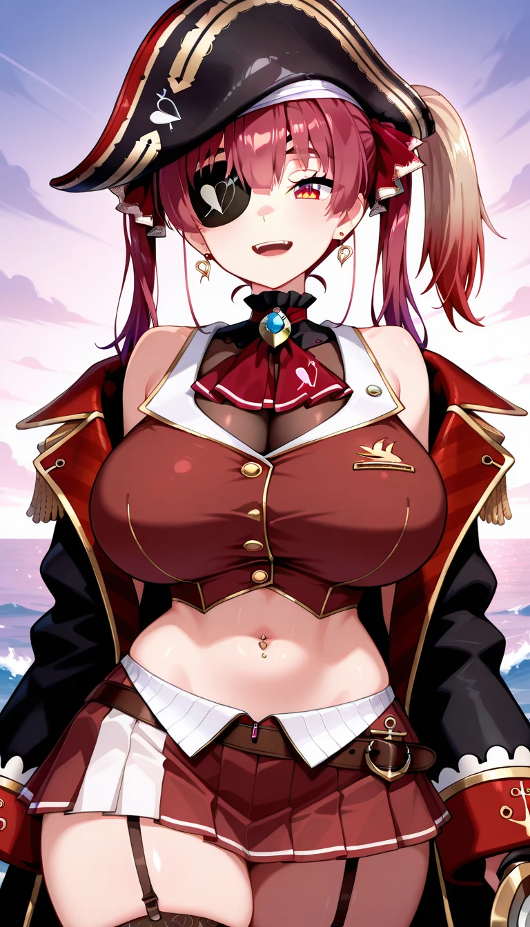Masterpiece, 2D, sharp focus, 4K, 8K, perfect details, correct details, top-quality, ultra-definition, perfect lighting, cinematic shadows, highres, anime girl, 1girl, houshou marine(Hololive), pirate girl, solo, bright skin, glossy skin, beautiful face girl, dark red hair, long hair, twintails, bangs, multicolored eyes, eyes detailed, eyelashes, smile, open mouth, curvy, very , , , :2.7, beautiful shape , gigantic ,  bigger than head, thick size , thick , thick thighs, thick , slim waist, beautiful shape , curvy, pirate outfit, eyepatch, crop top, dark red shirt, sleevesless shirt, black coat, open coat, long sleeves coat,  stomach, navel, short skirt, red skirt, pleated skirt, black stockings, garter straps, red ascot, pirate hat, black hat, jewelry, accessories, earrings, navel piercing, holding a sword, standing,  pose, arched , dynamic pose, arched , upper body, close up, cowboy shot, on a pirate ship, wooden ship, sea, ocean waves, safe for work