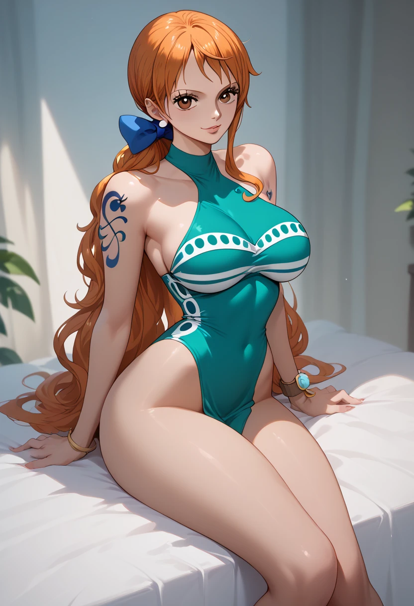 (((masterpiece+best quality+high resolution+ultra-detailed))), 1girl com clima-tato, Nami, longos cabelos laranja sedosos, nariz alto, olhos afiados, noble and inviolable temperament, (([feminino]: 1.2 + [beleza]: 1.2 + cabelo longo laranja: 1.2)), blue skies, nuvens, pose de tronco, pulseiras douradas, blusinha transparente, calcinha verde, tatuagem no ombro, olhos brilhantes, Dynamic angle and posture.
