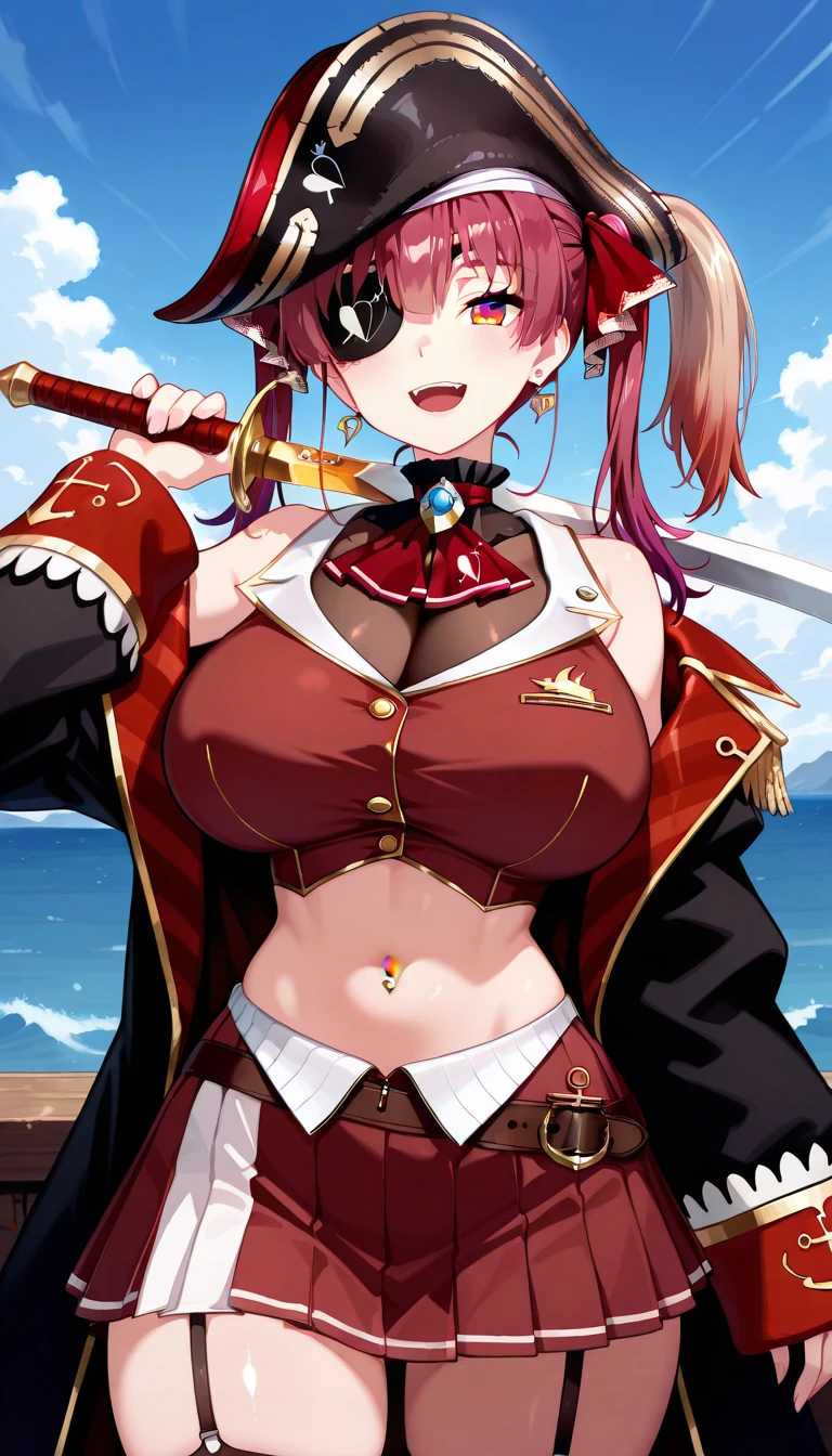top-quality,masterpiece,Masterpiece,8k,high-level image quality,High pixel count,detail portrayal,1人の女性,1girl,独奏,Peachy Hair,Long,braid hair,Red eyes,cowboy shot,Standing figure,Slender body line,Black pirate clothes,Pirate Hat,a smile,full bodyesbian,On board,On a wooden ship,