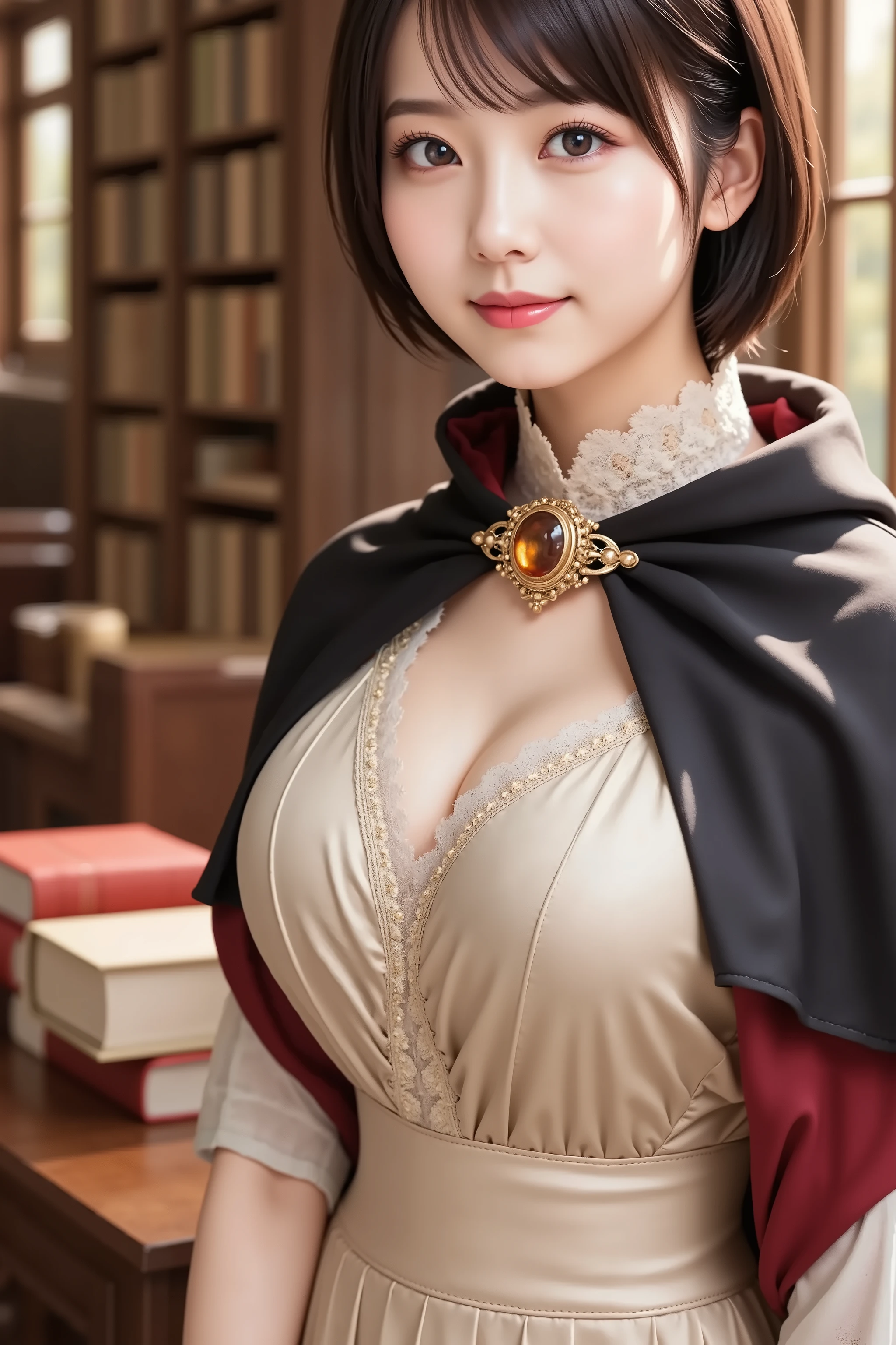 misaki, huge breast, by adjusting the framing so the subject's full head is visible within the composition, with the crop showing only from just above the bust to slightly above the top of the head. Ensure there is a comfortable amount of background space above the head to establish spatial context. a highly detailed and realistic digital illustration showing the upper body outfit and background of a female character in an ornate indoor setting, by adjusting the framing so the subject's full head is visible within the composition, with the crop showing only from just above the bust to slightly above the top of the head. Ensure there is a comfortable amount of background space above the head to establish spatial context. She wears a vintage-style beige dress with a soft sheen and structured design.
The neckline is trimmed with fine lace in a scalloped pattern, lined with gold embroidery. A floral-shaped brooch with an amber gemstone sits at the center. The bodice has vertical pleats that contour to the torso, adding depth and elegance. A wide sash of the same fabric is tied at the waist, subtly cinched to enhance the silhouette.
Over her shoulders is a black cape with a rich red lining, fastened at the collar with gold filigree hardware shaped like a crest. The high collar is reinforced with lace and stands upright. The cape’s outer fabric is matte, catching faint light, while the red satin interior subtly reflects the warm glow.
The background is a grand library with tall wooden bookshelves filled with books in varying sizes and colors. The shelves extend upward and fade softly into the background. Golden daylight streams through high windows, mixing with chandelier light and casting warm highlights on the character and wood surfaces. Several stacked books rest on nearby tables, hinting at scholarly activity. The atmosphere is quiet and majestic, fitting the refined aesthetic of the scene.
