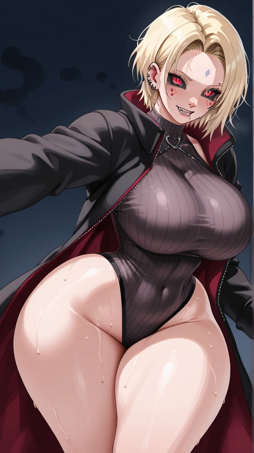 Hellsing Ultimate, Seras Victoria, 1girl, ((bimbo))), spikey blond hair, Blue eyes, puffy lips, thick lips, wide hips, thick thighs, enormous round breast, huge ass, oily shiny skin, breasts squeezed together, panties, bra, posing, hand signs, night time