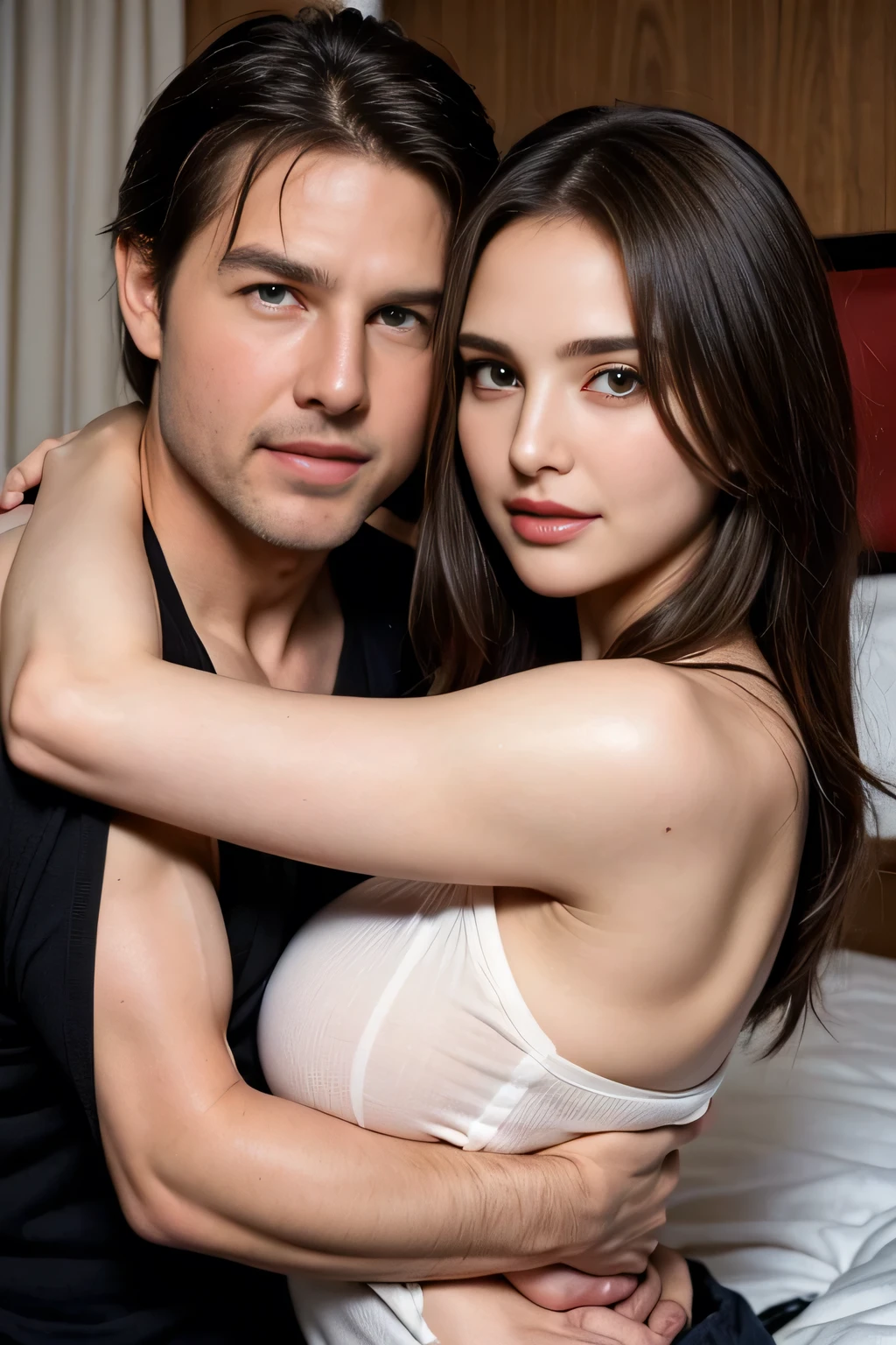 Jamie dornan and Megan Fox、lover、black hair girl、cute、droopy eyes、tall man、Handsome guy、detailed face、Back hug、pajamas、Girl in white、man in black、bedroom、A woman sits on a man's lap、