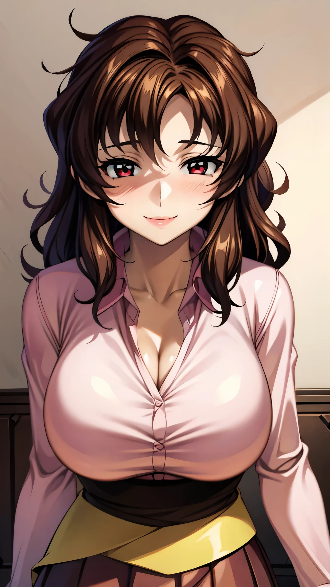 (SUPER QUALITY,ultra high definition,16k,super masterpiece, ,detailed shading and background,)shot from below,sexy mature woman,long brown hair,Pink shirt with a large collar and straight sleeves,tight red skirt,cleavage,necklace,Big Breasts,Open the lid of the eye half,blush,with a maternal smile,Glossy, thick lips,living room,place one hand on the side of your head,