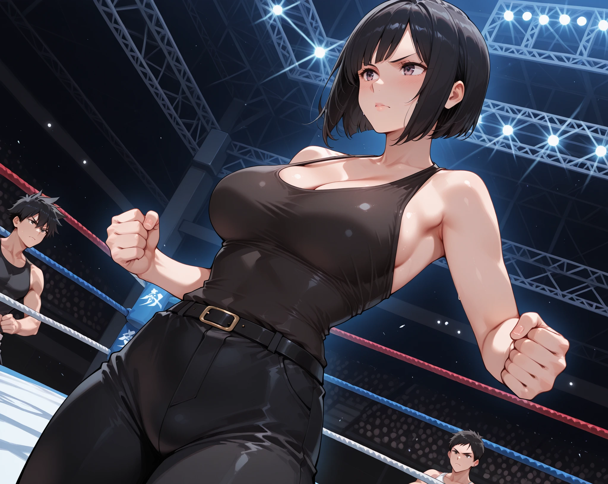 (cat ears:1.1),(women:1.4), black short hair , (boxing ring:1.4),medium_shot, Boxing gloves, Black dress