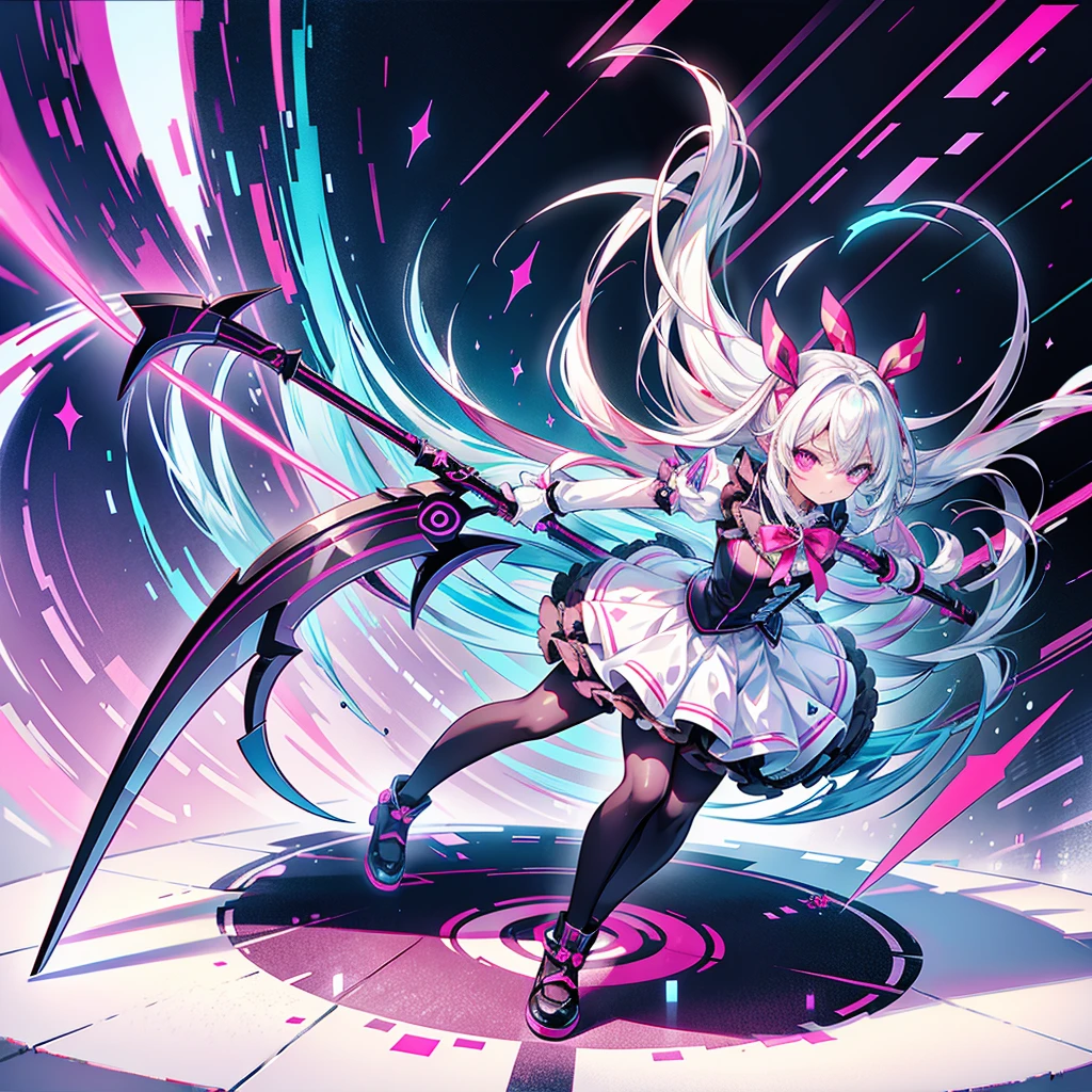 ，Silver-white double ponytail hair，Pink eyes，Futuristic off-the-shoulder sailor uniform school uniform dress，huge tit，of girls，black lence stockings，Standing barefoot and wearing only stockings，Hair scattered around the waist，，cheerful grin，Jumping up innocently，mid air，Beautiful backdrop setting