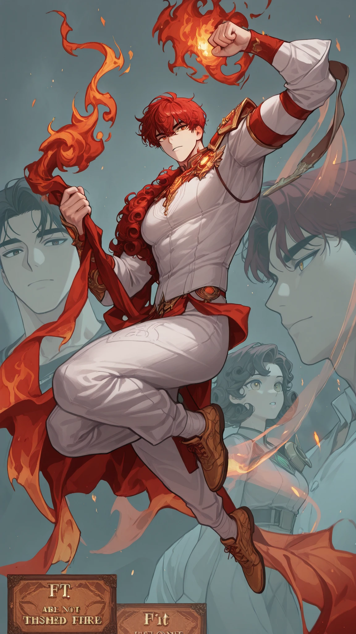 Full hd , red hair , short curly hair , 8k , manhwa , fire , handsome , six zones, Fit figure , clear face , eyes are not blurred , eyes that are not distorted , phụ kiện là một con rối fire , virile , short curly hair