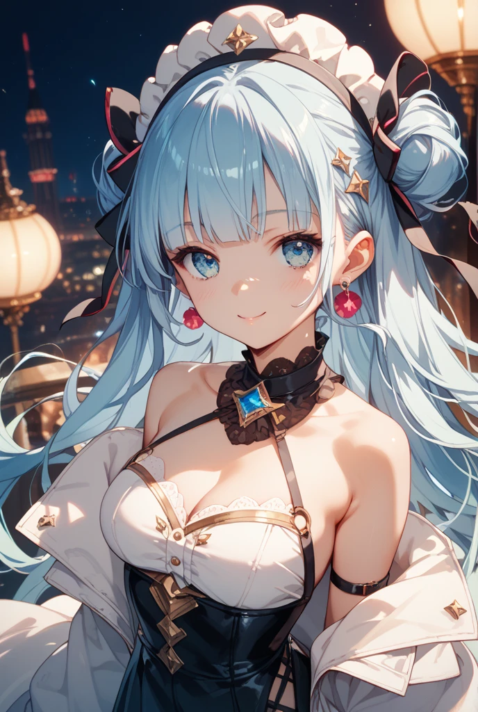 masutepiece, High resolution, 8K, anime woman, Delicate and detailed writing 、Detailed digital illustration、Aristocratic clothing、Very long hair and shiny、a very beautiful woman、Eyes are double, Big and cute,、Bust is D cup、High image quality, High quality、Detailed background、I'm wearing a hair ornament.、Glittering background、The inside of the eye shines like a diamond、4 fingers, 1 thumb、Detailed female face、Smile、Very beautiful and cute woman、Silver hair、Very luxurious hair jewelry、Refers to parasols、A smile、beautiful cityscape background、Photo up to the waist