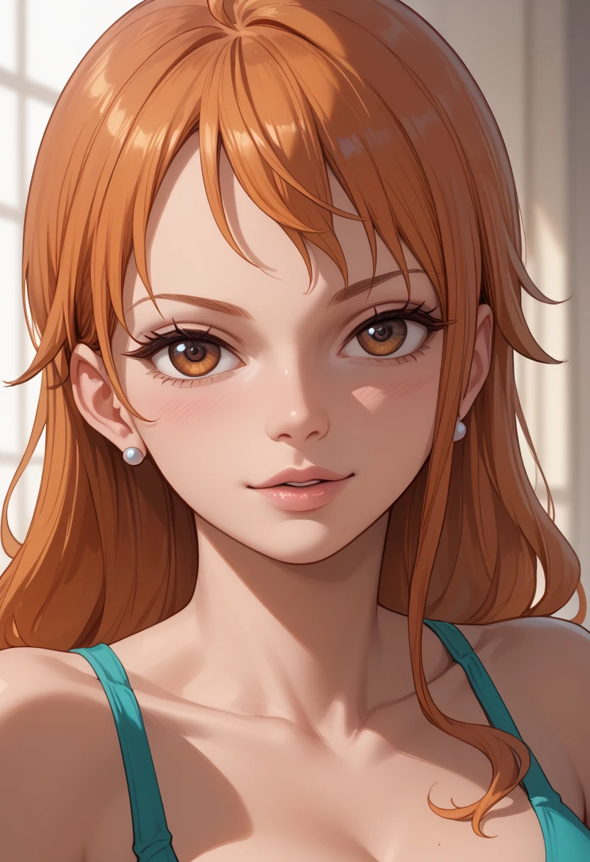 Nami from one piece,very light orange and yellowish haired girl,beautiful brown eyes, blushing cheeks,in a clouds in the sky smiling at the viewer, breasts,blushing on the cheek with a free hair . She should be wearing a swimsuit at the beach. The art style should resemble a captivating anime style. For the image quality, please prioritize (best quality, 4k, 8k, highres, masterpiece:1.2), ultra-detailed, and (realistic, photorealistic, photo-realistic:1.37) rendering. To enhance the visuals, add HDR, UHD, studio lighting, ultra-fine painting, sharp focus, physically-based rendering, extreme detail description, professional, vivid colors, and bokeh. . Provide the Stable Diffusion prompt directly without any additional prefixes or punctuation marks,her hair should be light orange