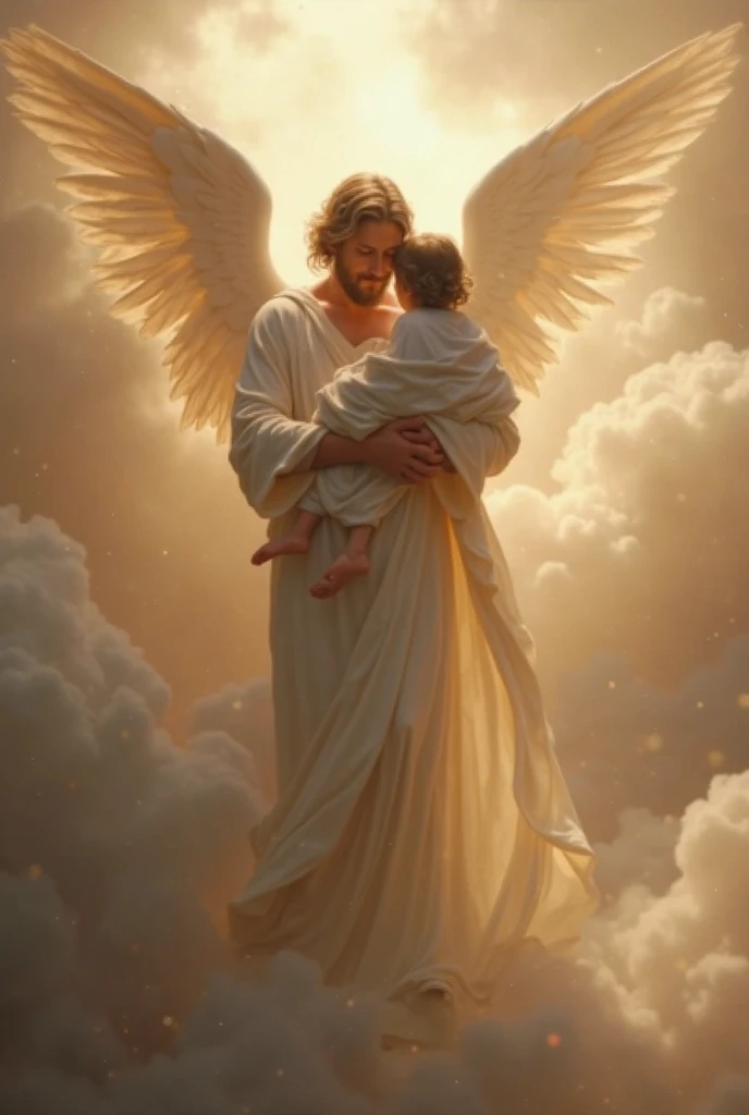 Dead grandfather holding his dead grandson. They are in the heaven and became angels. The drawing should be an outline drawing.