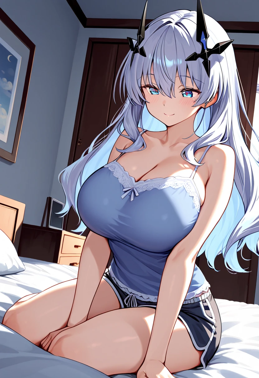 full body, thick curly silver hair, lustful eyes, open mouth smile, aroused 25 years old, playfully aroused, dripping with desire, busty cleavage, low cut spaghetti strap tank top , shorts, slim waist, posing by the sofa, coy smile with open parted lips, (blushing:1.3), looking lovingly at the viewer, seductive eyes, facing the viewer, livingroom background, arms out (pov), glowing eyes, necklace, earrings, nsfw,