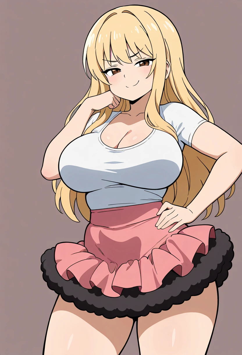 blonde hair, thick hair, long layered hair, voluminous blonde hair, volume long hair pink flower in hair, pink hibiscus flower in hair, green eyes, big lips, wearing pink lip gloss, long hair, giant breasts, nice top, skin tight shirt, sexy shirt, midriff, hourglass figure, (narrow waist), thick thighs, luxury, crowded space, defined stomach, standing, atmosphere, nice ambiance, pink, kawaii, puckered lips, standing, background, cleavage, leather skirt, micro skirt, detailed face, flushed face, detailed green eyes, green eyes, head tilt, intimacy, low angle, low shot, hair ribbon, hair clips, tan skin, tan lines, shiny skin, shiny lips, thick eyelashes, big thighs, thick thighs