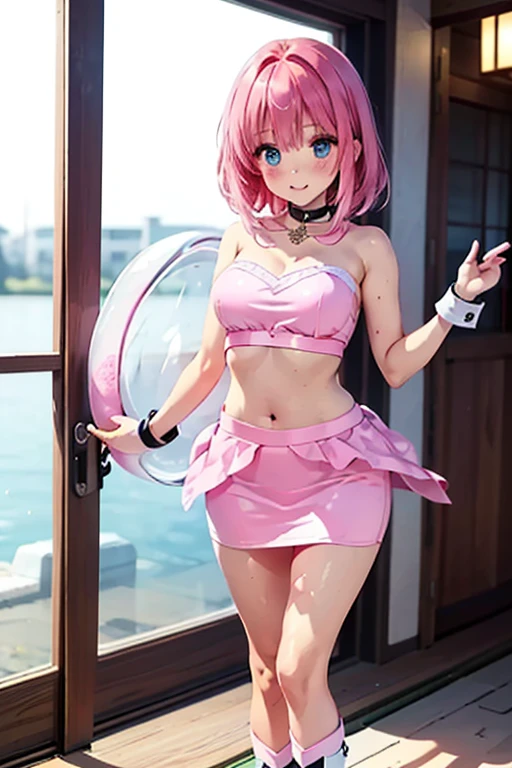 (Masterpiece: 1.2, Best Quality), (Lighting) 1 Lady, Solo, Short Hair, Big, (Glossy Skin: 1.2), , Glasses, Wavy Pink Hair, Pink Suspenders, Head, Head, Harajuku Style, Hairpin, Lori, Ahoge, Student, Neat, Cute Pose、、、 Gymnasium, On Mat, Lying Down, Armpit, Unity, 8k Wallpaper, Amazing, Fine Details, Official Art,