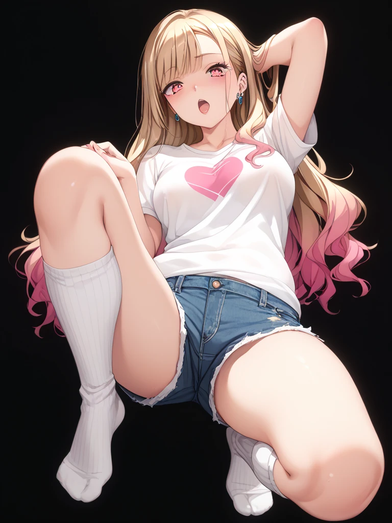 Power sitting in bathroom case, legs crossed, jean shorts, pink shirt