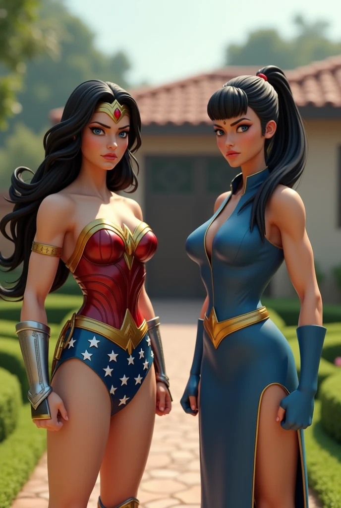 hotty, wonder woman, brown long hair in a ponytail, in a sunny environment, (realistic), looking back at viewer, sexy ass, blue eyes, revealing clothing, butt showing, denim shorts, nice round ass