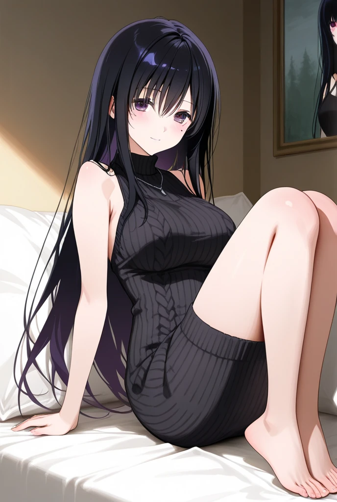masterpiece, absurdres, ultra-detailed, Yamada Anna, long hair, large breasts, night dress, 1girl, black hair, lace lingerie, blush, solo, blush, smile, indoors, (sitting on bed), open mouth, (masterpiece), highres, best quality, 8k, very clear, 9:16,