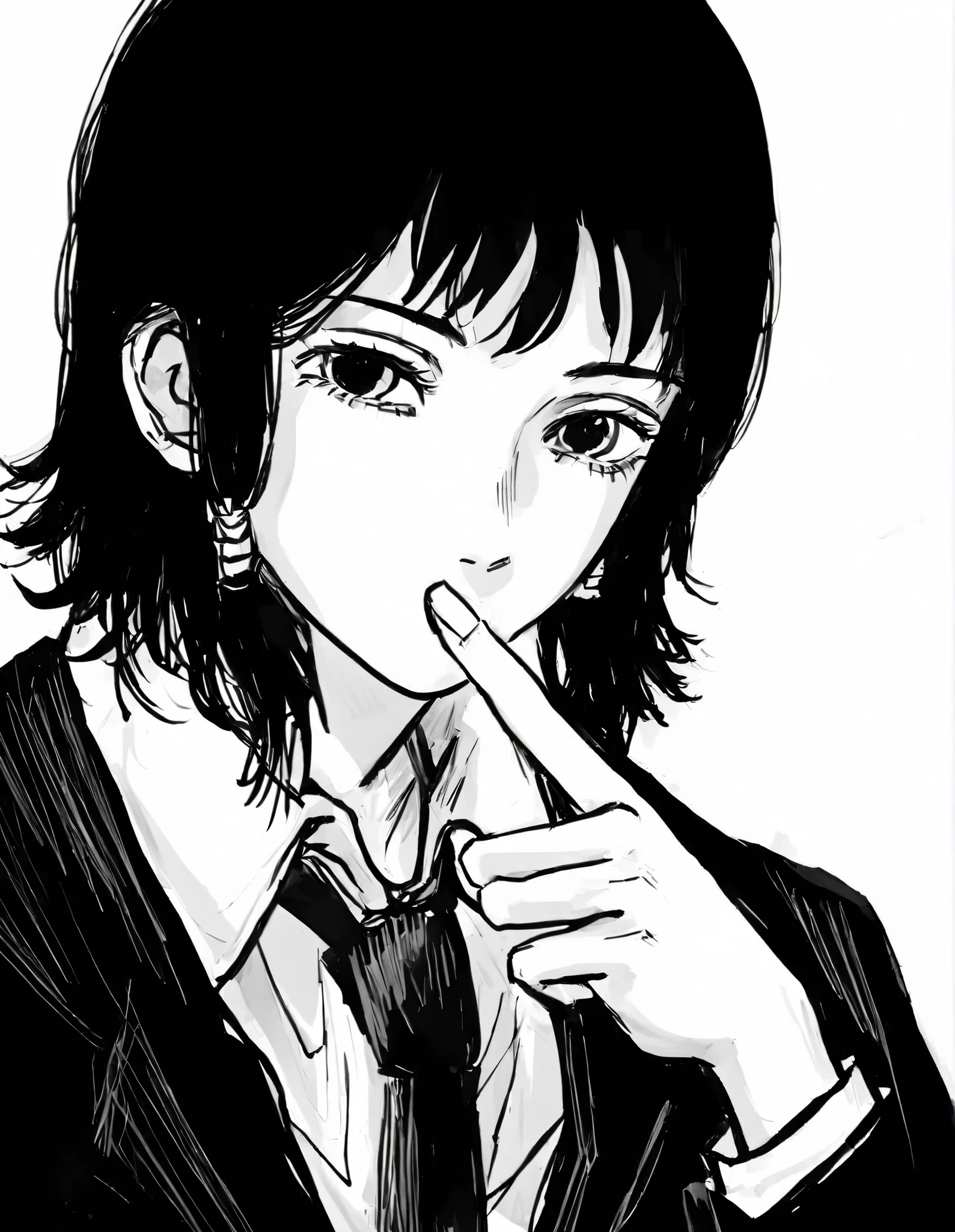 anime girl with black hair and tie making a hush sign, manga style of kentaro miura, art style of junji ito, with index finger, junji ito style, subtle junji ito, black and white manga style, kentaro miura manga art style, in manga style, sui ishida art manga, kentaro miura manga style