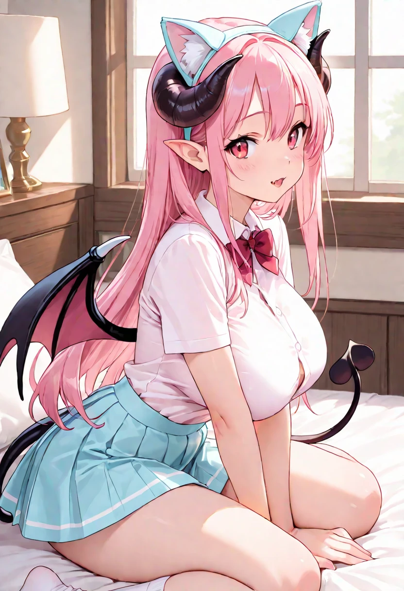 Cross your hands at your waist, Light hair, Warm lighting, Blurred foreground, Lovely, Change, Japanese cartoons, 4K, With devil wings, Shower cap, masterpiece, Upper Body，masterpiece, best quality, 1 Girl, Solitary,Nashida_Genshin Impact, Cross-shaped pupil, Bikini，miniskirt，Pleated Skirt，shy，Legs open，Kneeling，Sitting on the bed wearing JK, Medium breasts,Lower breasts