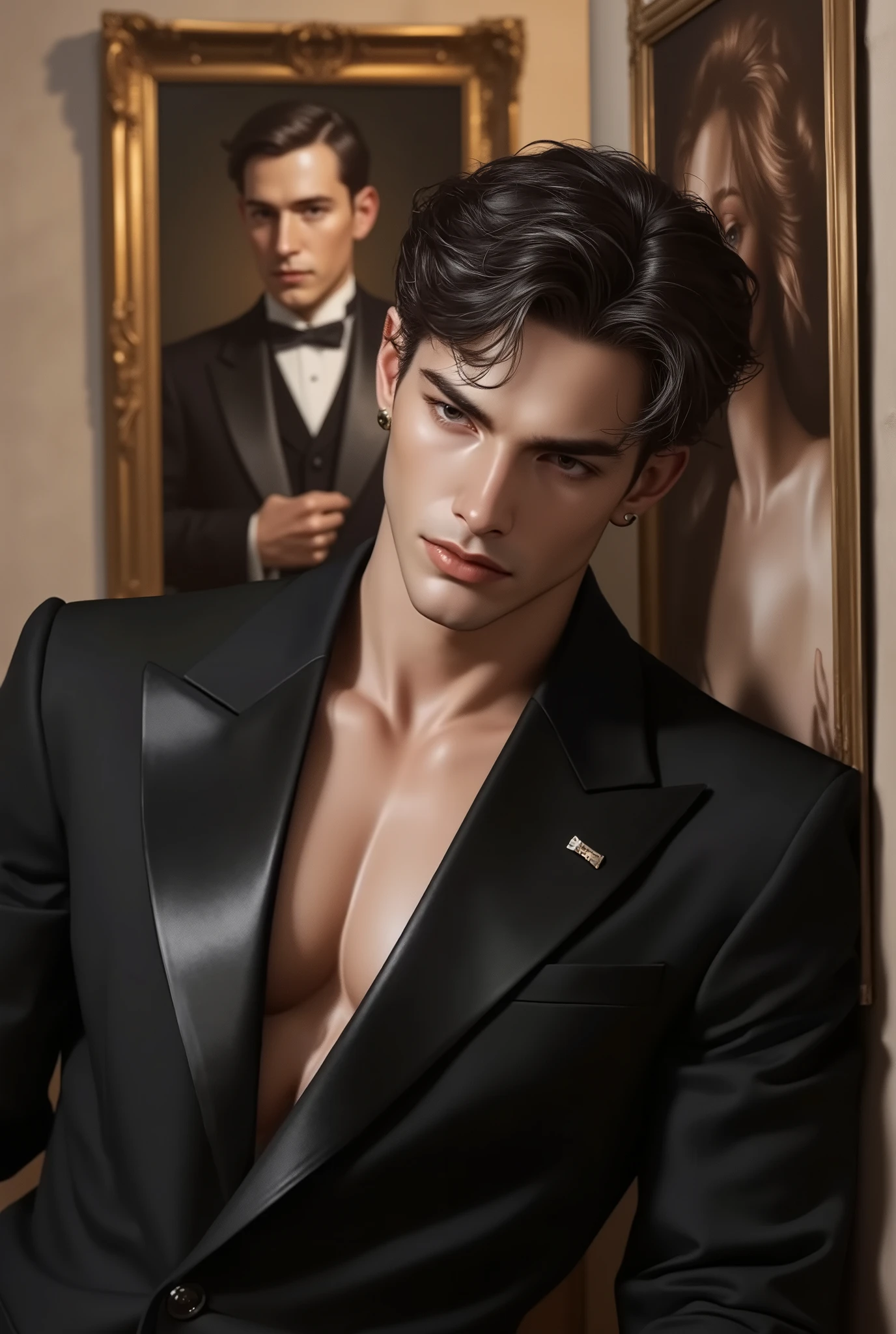 Elegant handsome man in black suit leaning against wall of oil paintings, classic art gallery setting, refined facial features, intense gaze, formal fashion, holding picture frame, surrounded by vintage portraits, moody lighting, artistic aesthetic, painterly style, 19th century museum vibe, warm earth tones, stylish male model, emotional expression, detailed fabric textures, cinematic scene, ultra detailed