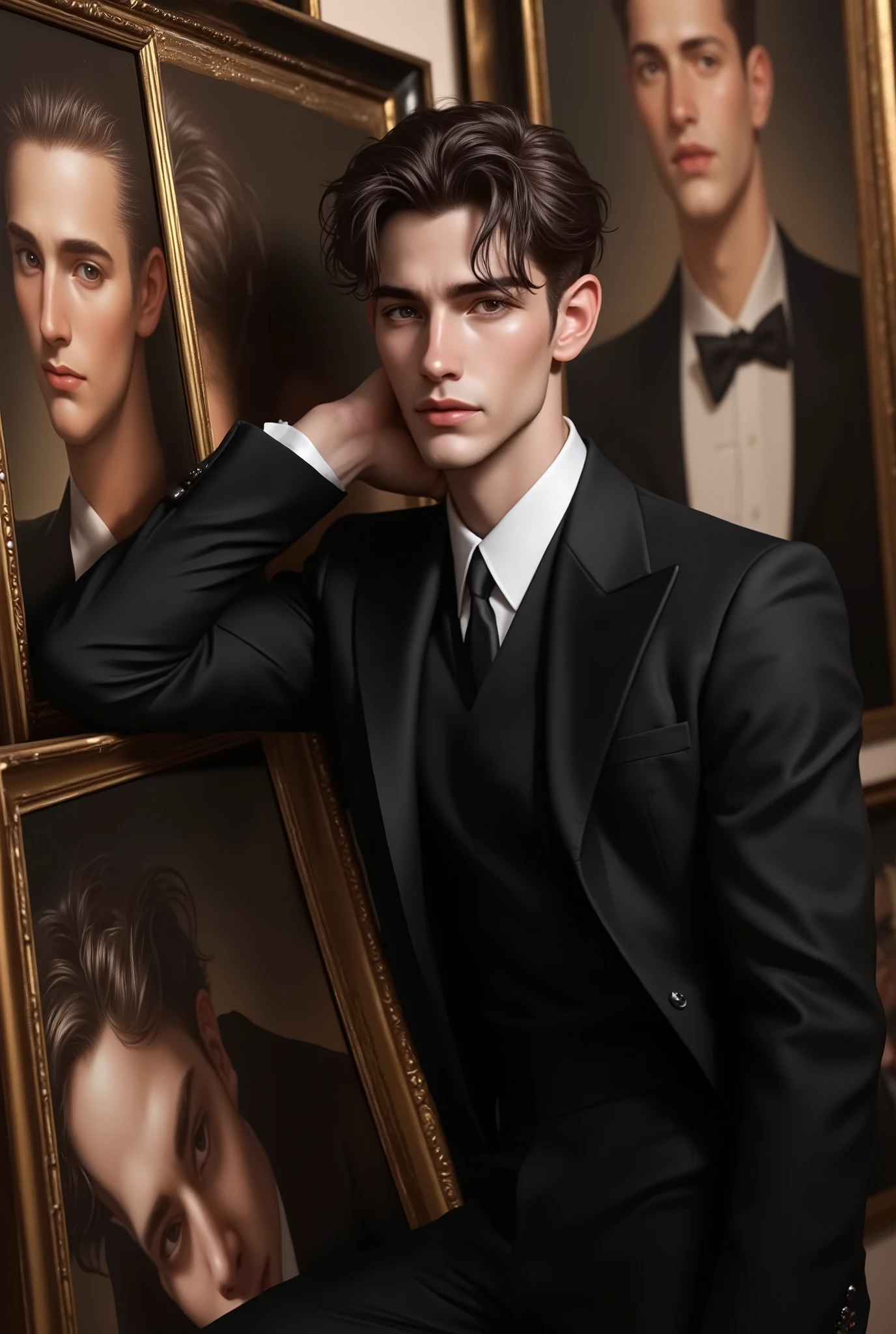 Elegant handsome man in black suit leaning against wall of oil paintings, classic art gallery setting, refined facial features, intense gaze, formal fashion, holding picture frame, surrounded by vintage portraits, moody lighting, artistic aesthetic, painterly style, 19th century museum vibe, warm earth tones, stylish male model, emotional expression, detailed fabric textures, cinematic scene, ultra detailed
