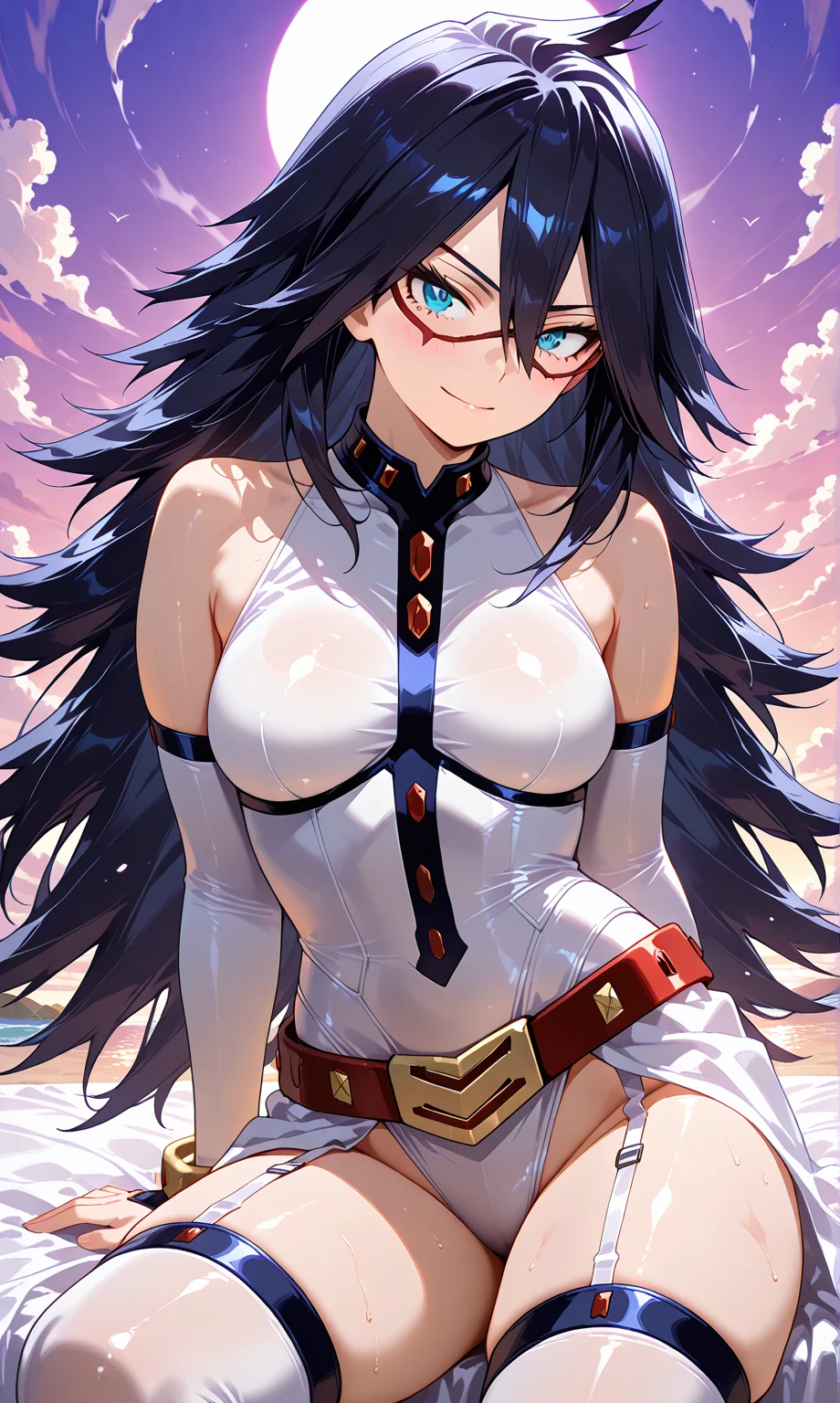 ((best quality)), ((highly detailed)), masterpiece, absurdres, extremely detailed face, beautiful face, (detailed eyes, deep eyes), <lora:more_details:.5>, (1girl), depth of field, cowboy shot, (((wide shot))), <lora:hairdetailer:.5>, <lora:midnightMyHeroAcademia_v10:1>, midnightmha, boku no hero academia, purple hair, very long hair, sky blue eyes, smile, white bodysuit, black breastless corset, thighhighs, thigh boots, (red domino mask), red belt, handcuffs, belt, garter straps, black high heel boots, (pink mist), (outside, at a mountain range, midday)
