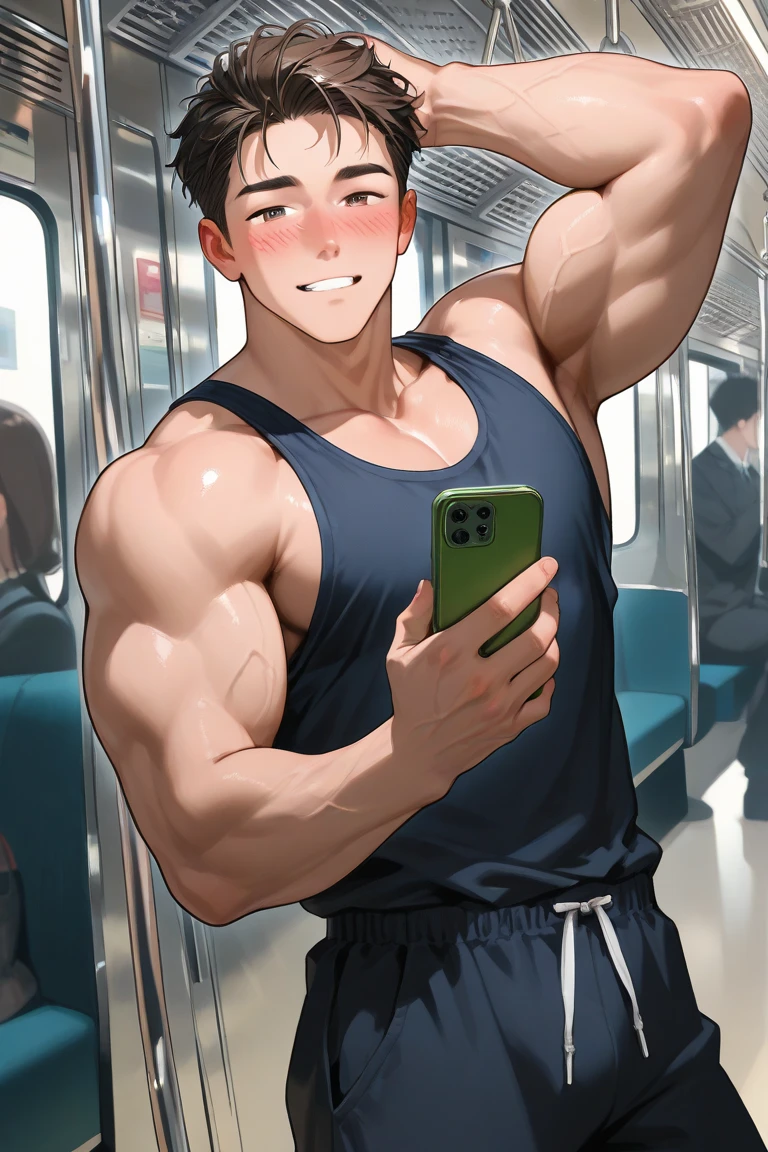 A dark-haired man sitting on gym equipment, he is wearing gym clothes and taking a photo with his cell phone, He's sweaty