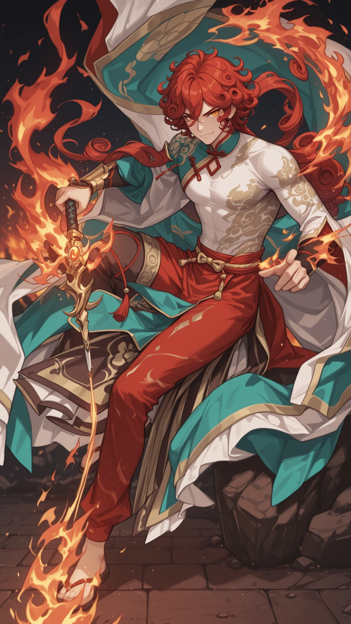 Full hd , red hair , nam chính curly hair bông xù , 8k ,hair adhere to sample photo , fire , handsome , six zones, Fit figure , clear face , eyes are not blurred , eyes that are not distorted , phụ kiện là một con rối fire , virile , curly hair , nhân vật nam chính curly hair bông xù