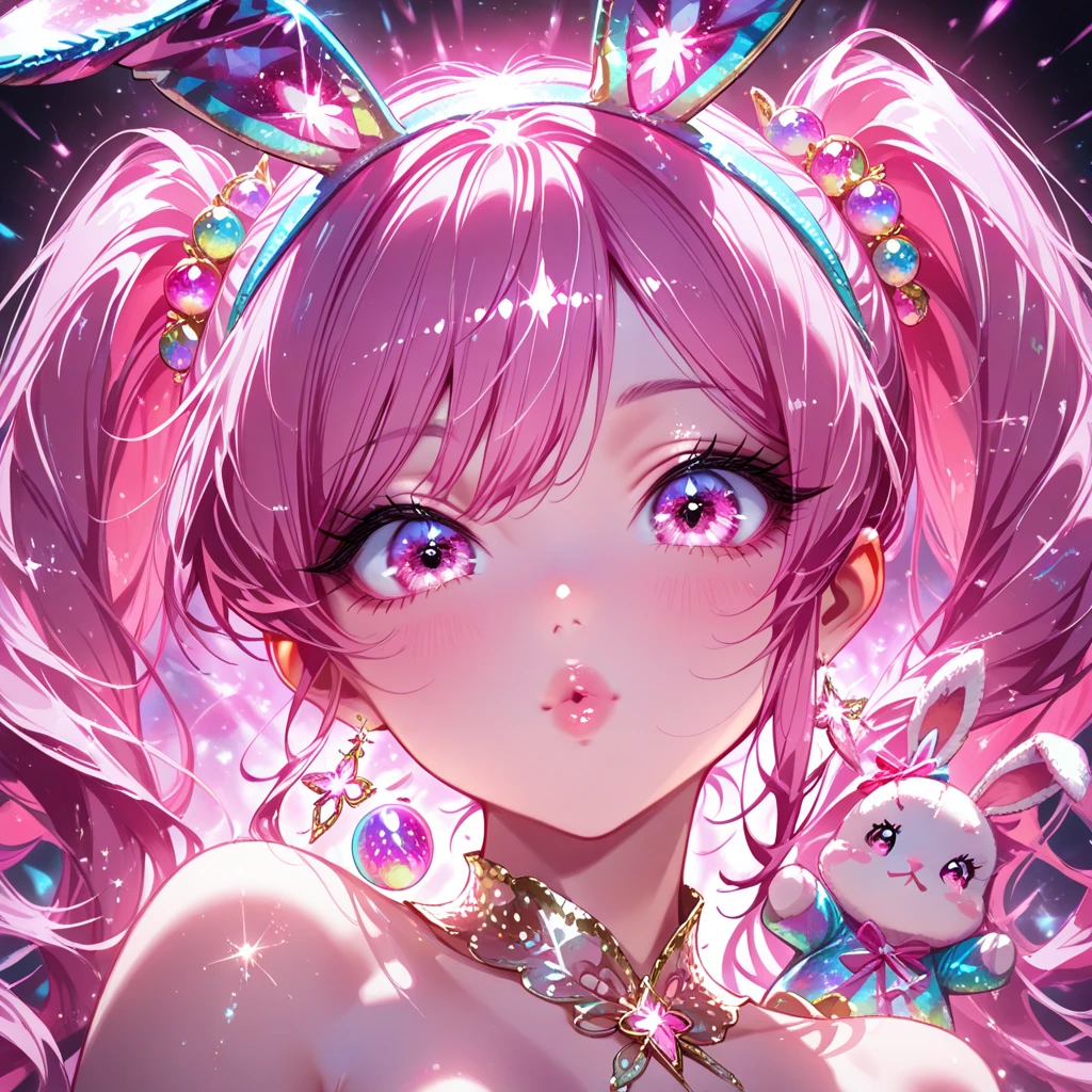 8K,gal，an extremely delicate and beautiful,Beautiful and realistic skin,Shiny jewel-like earrings,Shine like glitter long colorful hair,demon horn,beautiful eyes,Shine like glitter tiger pattern bikini,glitter background,full body