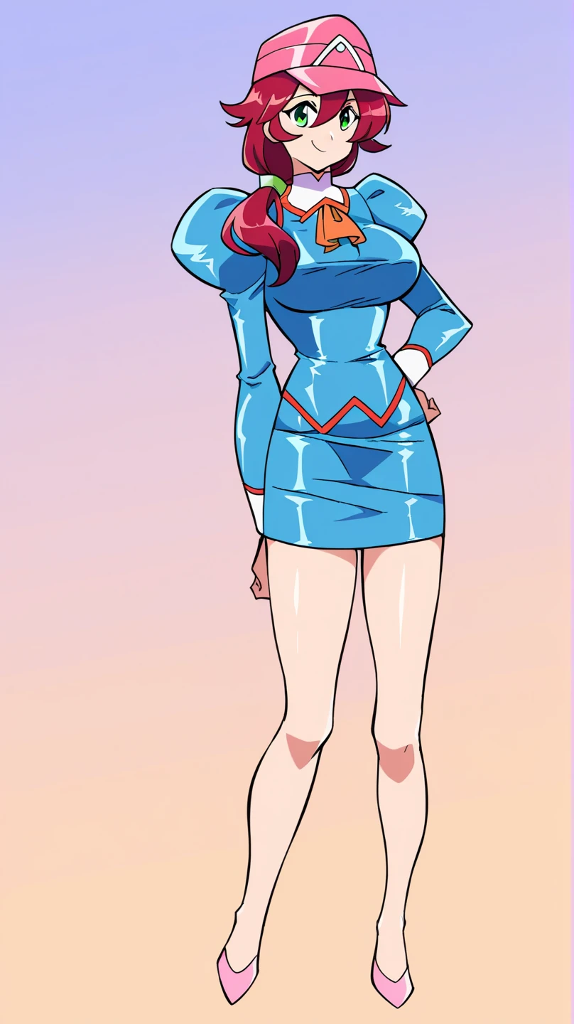 ((masterpiece)), (((best quality))), (character design sheet, same character, front, side, back), Illustration, (masterpiece), (best quality), (high res), 1lady, tall body, beautiful detailed eyes, beautiful detailed face, smiling, somber face, soft features, freckles, (perfect hands), complete fingers, perfect anatomy, perfect proportions, 26 years old, ((ginger hair, bright orange hair, curly hair, ponytail)), ((green eyes)), ((tight leotard, one piece leotard, light blue leotard, sky blue leotard, blue theme, all blue costume, light skin, cheeky leotard, bare legs, thong leotard, matching leotard, long tight sleeve, heart-shaped boob window, cleavage, tight turtle-neck collar, navy blue stockings on legs)), ((boots, matching boots, skin tight boots, tight ankle-high boots, navy blue boots)), breasts, medium breasts, perky breasts (full body portrait), solo, solo focus, standing, character sheet, multiple angles, wearing the same clothing for each angle, identical look per angle, (long sleeves, navy blue gloves), (navy blue heart symbol on chest), full body costume design. (simple background, white background: 1.3), Beautiful face、Reference Sheet,Triangular diagram,