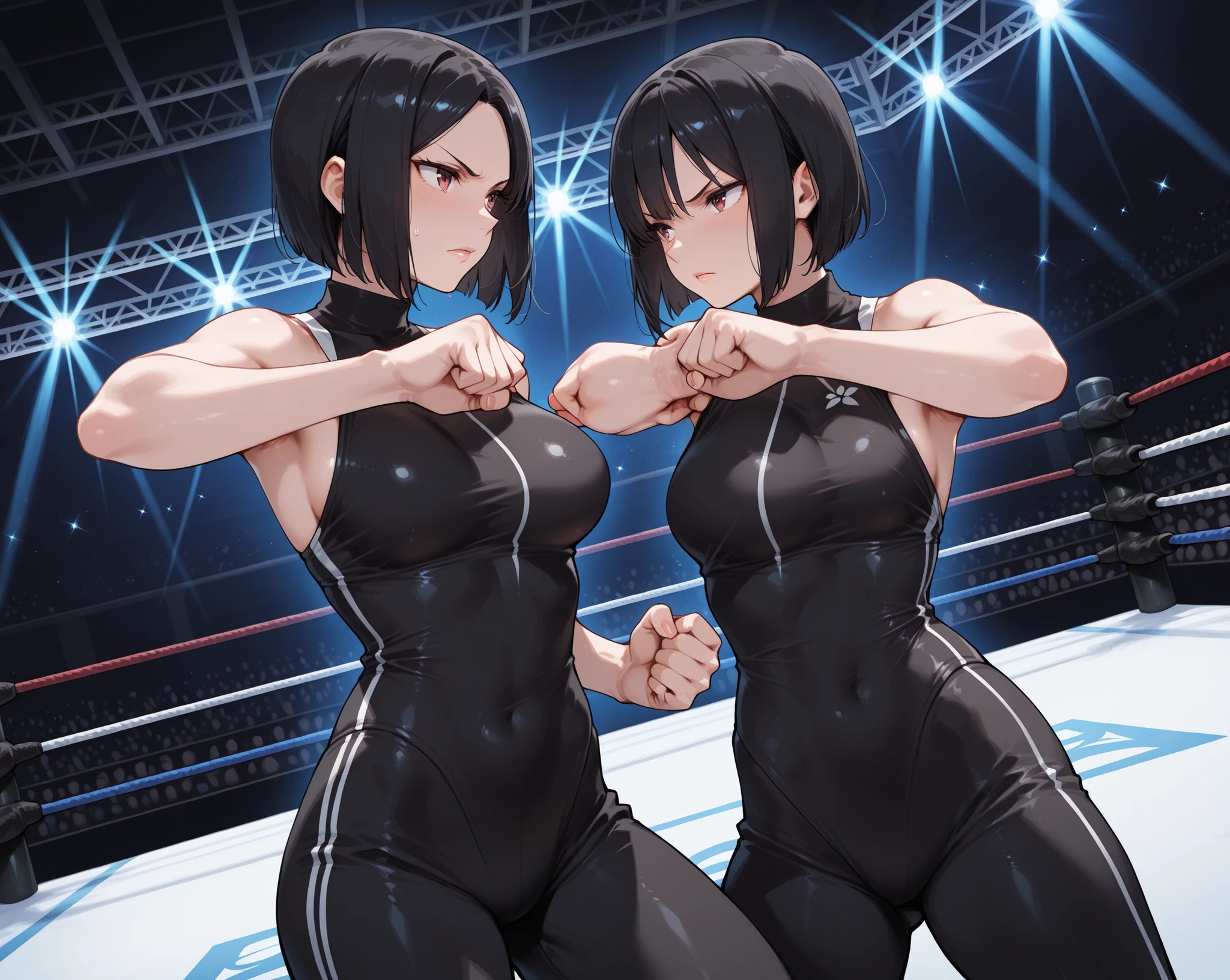 full body photographed、​masterpiece、top-quality、hight resolution、Short-cut black hair、is standing、weak、High leg cut swimsuit,sports bikinis、white sporty boots、distressed face、Sweaty skin、Professional wrestling venues、professional wrestling、（（On the ring of professional wrestling：1.1））、Red face、 girl,teenrl、（（is standing：1.2））、Two Women、Looking at each other、look at each other closely、Glaring at each other（shot from a side angle：1.1）、short stature、Elaborate Eyes,topless