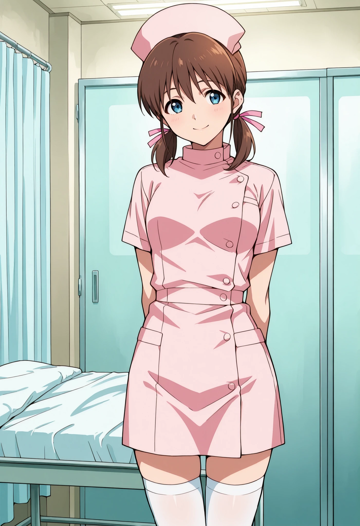 Score_9, score_8_up, score_7_up, source_anime, Kodama Hikaru, solo, brown hair, hair ribbon, ribbon, blue eyes, pink ribbon, low twintails, short twintails, (best quality), (high quality), {masterpiece}, extremely delicate and beautiful, ultra-detailed, beautiful detailed eyes, nurse, nurse cap, hat, short sleeves, pink headwear, buttons, pink dress, white thighhighs, hospital room, smile, closed mouth, standing
