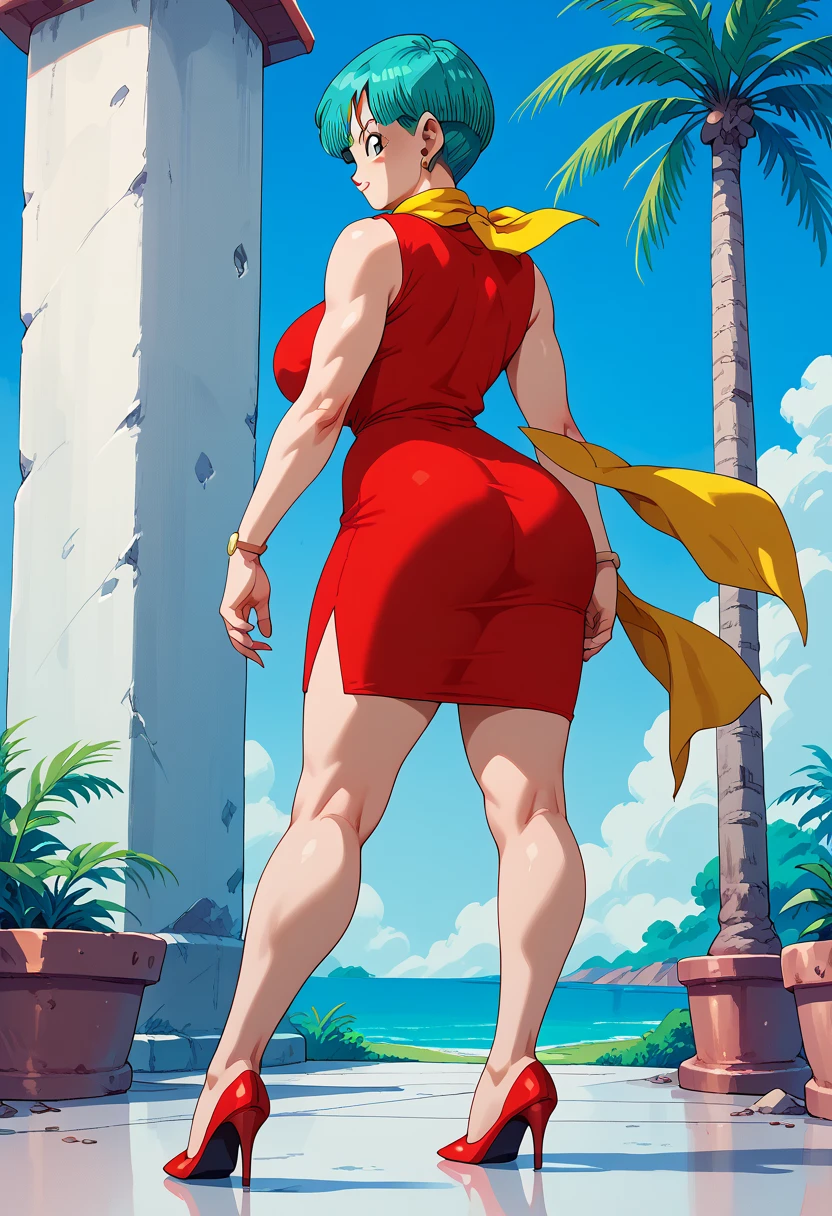 source_anime, best quality, clear face, mandy from The Grim Adventures of Billy & Mandy,  blonde hair, black eyes, Short blonde hair with black headband, large breasts, perfect body, looking at viewer, smile, The Grim Adventures of Billy & Mandy costume, pink mini dress, in the city ​​at night, stanyin, dynamic angle, from behind view, big ass ,seductive anime girl, sfw version.